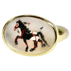 18K Mother of Pearl Black and White War Horse Reverse Crystal Ring