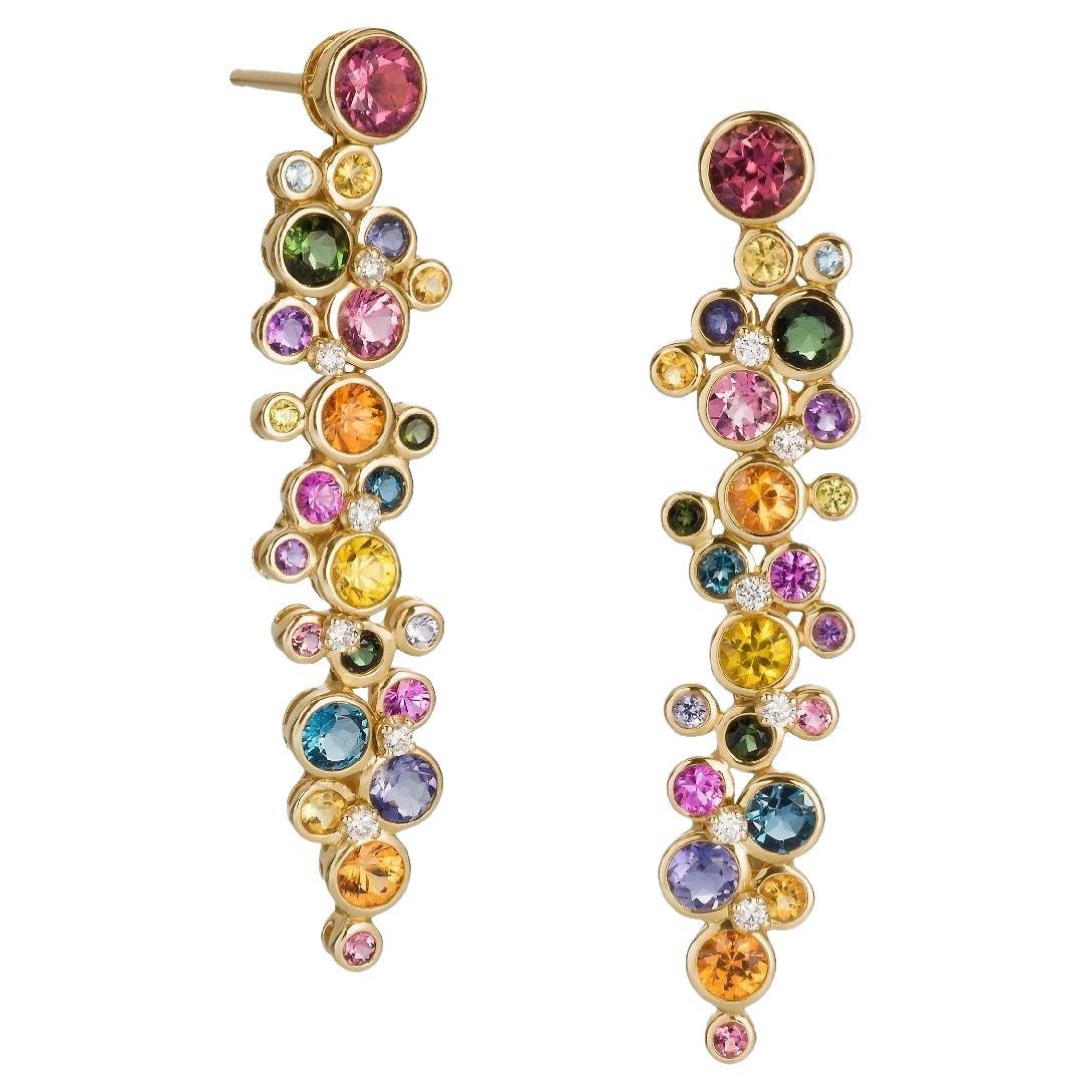 18k Multi-Color Elongated Earrings with Clusters of Gemstones & Diamonds