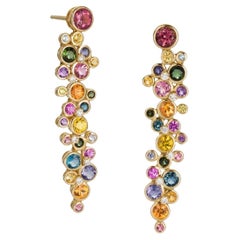 Pendientes Alargados Multicolor 18k con Racimos de Piedras Preciosas y Diamantes