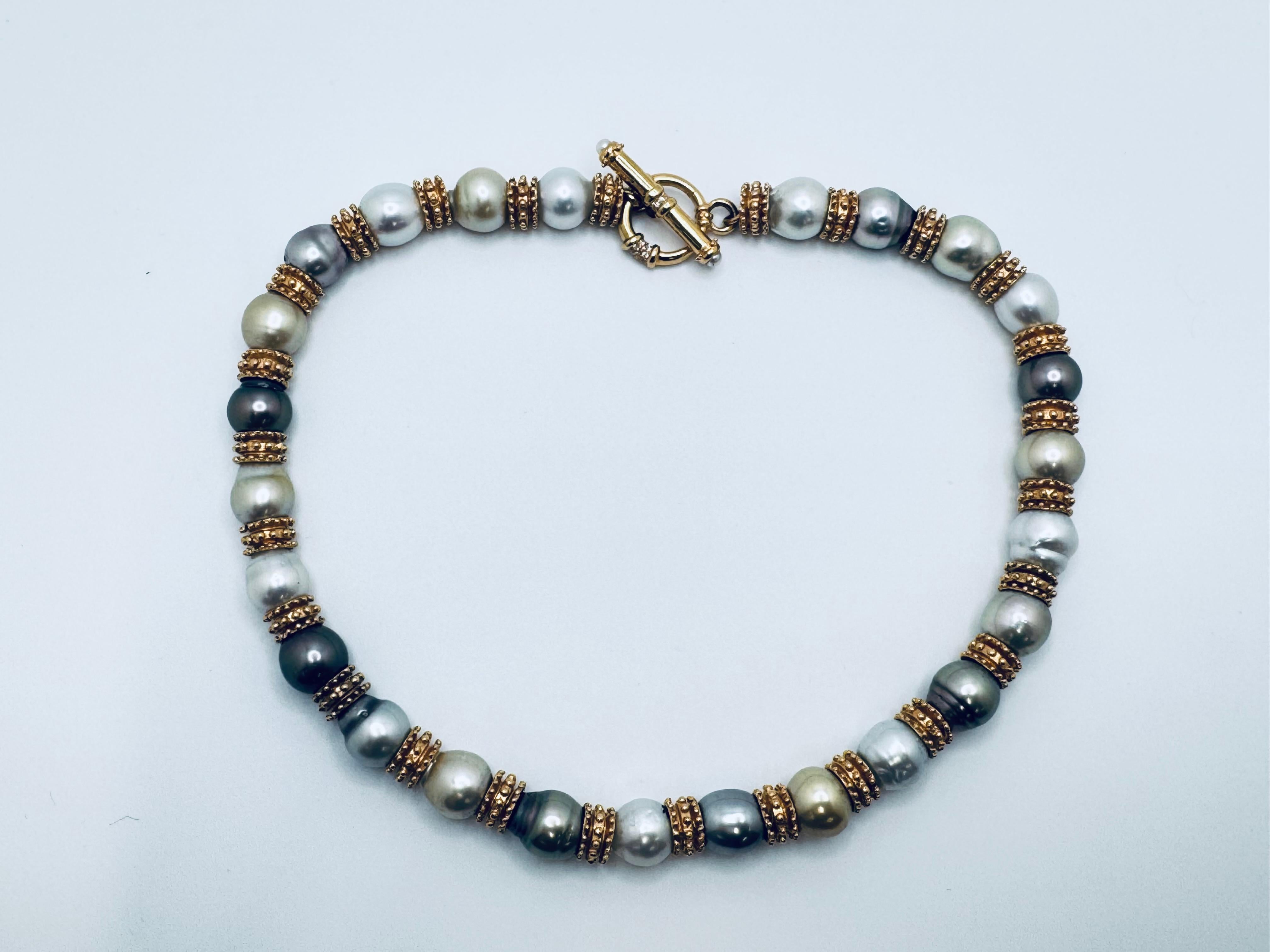 Ce collier exquis de perles multicolores des mers du Sud en or 18 carats offre une élégance intemporelle et un savoir-faire luxueux. Le cordon comporte 25 perles lustrées, mesurant chacune entre 10 et 13 mm, présentant un éventail naturel de teintes