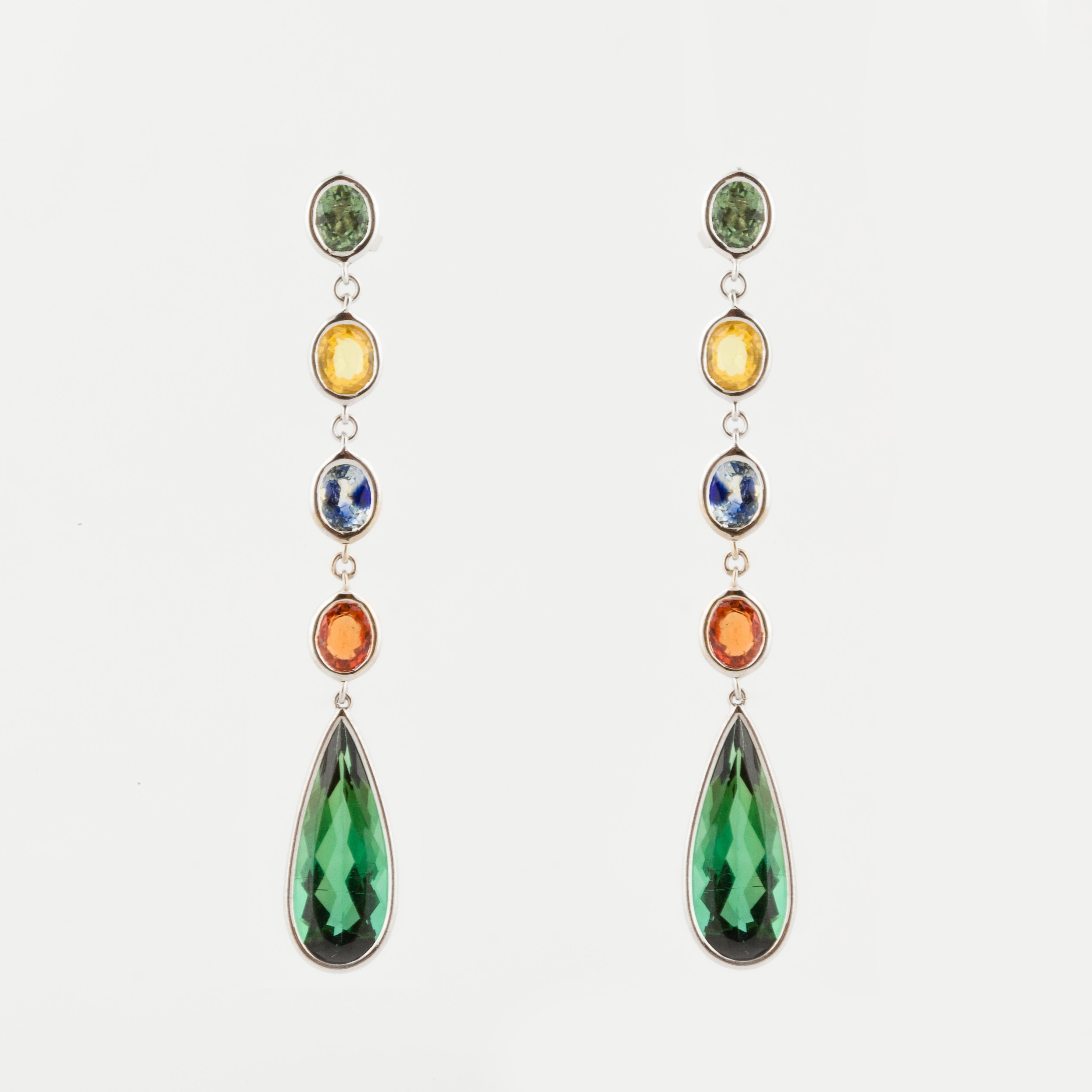 Mixed Cut Multi-Colored Sapphire and Tourmaline Drop Earrings in 18K White Gold For Sale