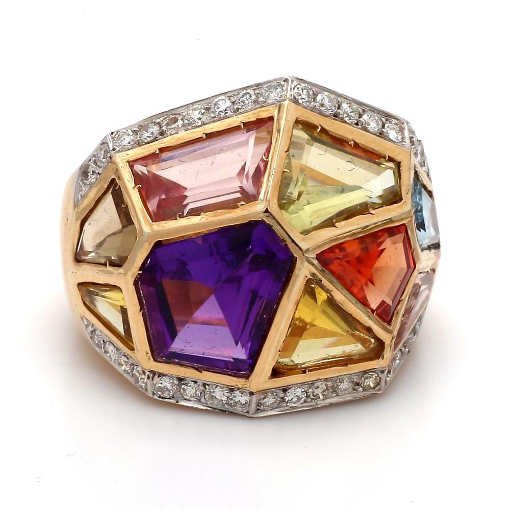 Mixed Cut 18K, Multi Gemstone Cocktail Ring For Sale