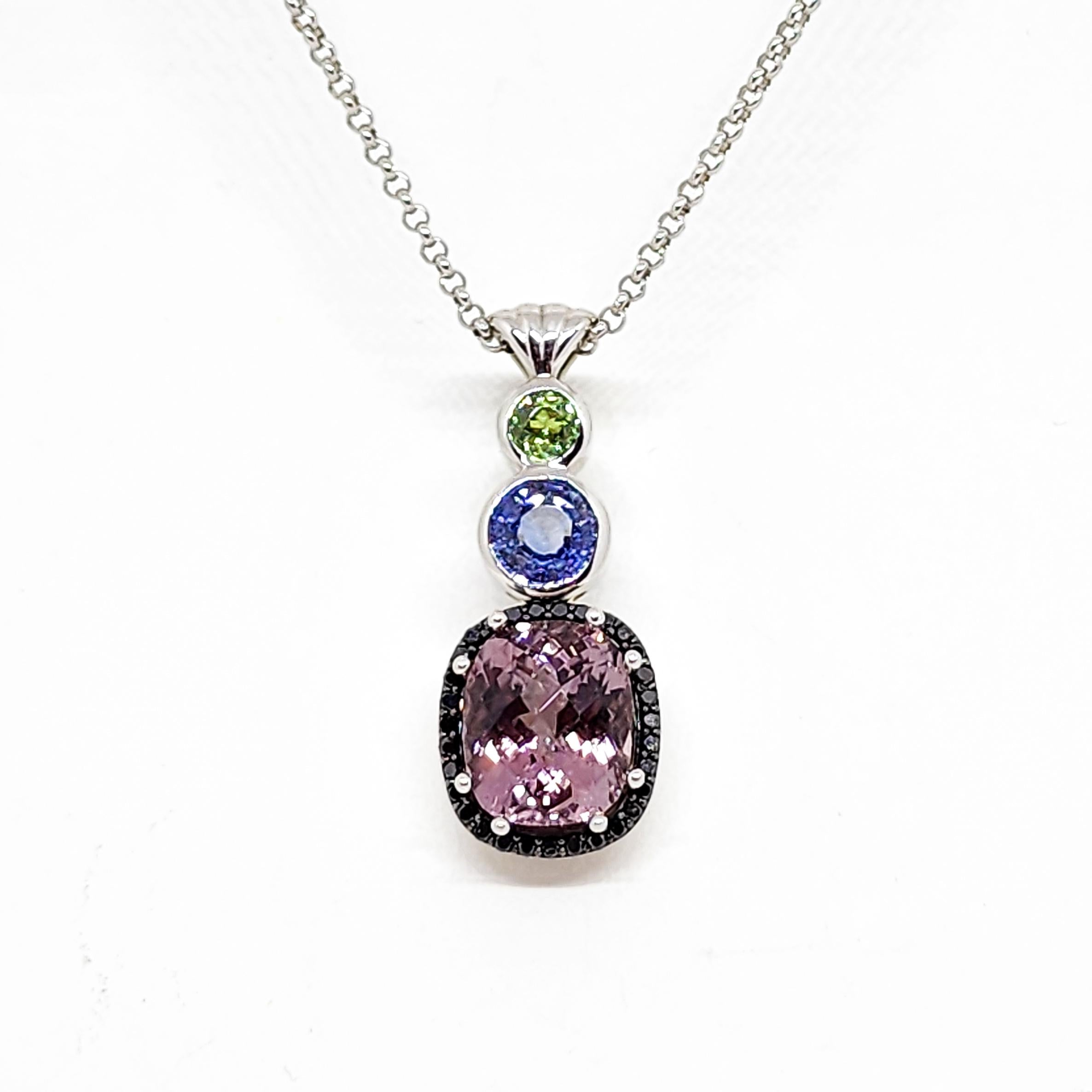 Women's or Men's 18K Multi Gemstone Drop Pendant Tourmaline Ceylon Sapphire Garnet Black Diamond For Sale