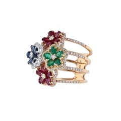18K Multi-Gold Floral Ruby Emerald Sapphire Diamond Cocktail Ring