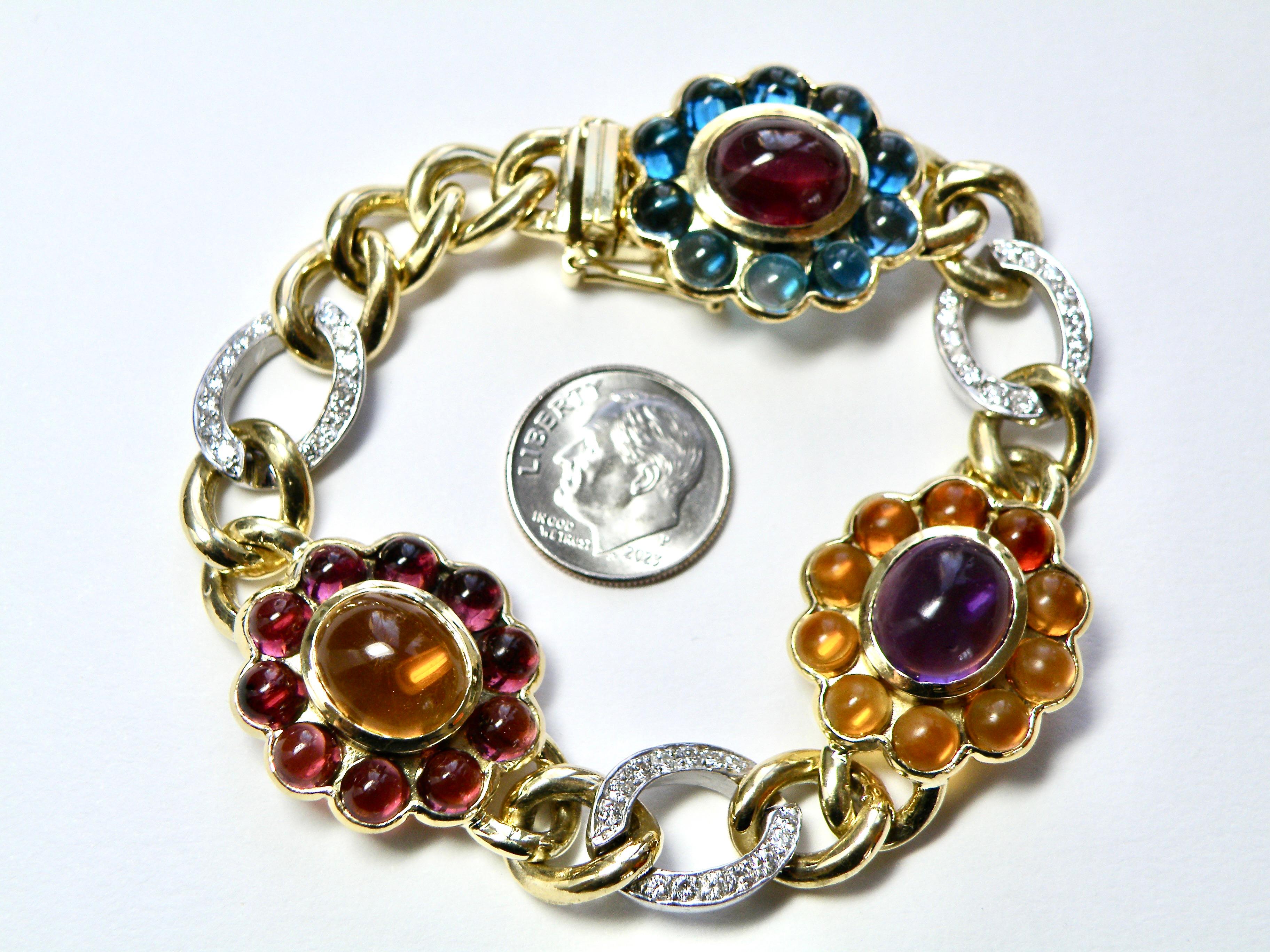 Bracelet à plusieurs pierres cabochons 18 carats, maillons en diamants Neuf - En vente à Cohasset, MA