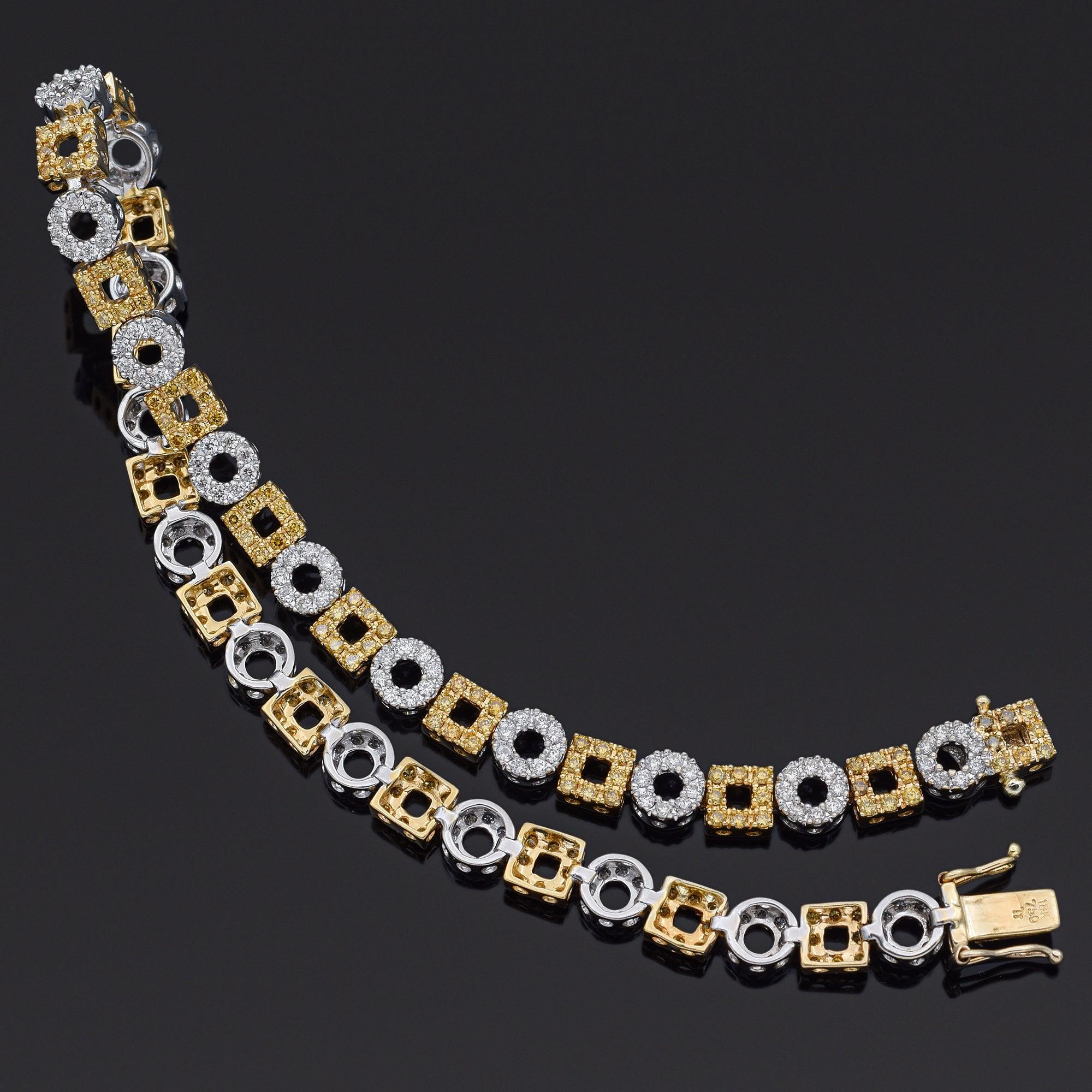 Round Cut 18K Multi-Tone Gold 13.20TCW Yellow & White Diamond Round Square Tennis Bracelet
