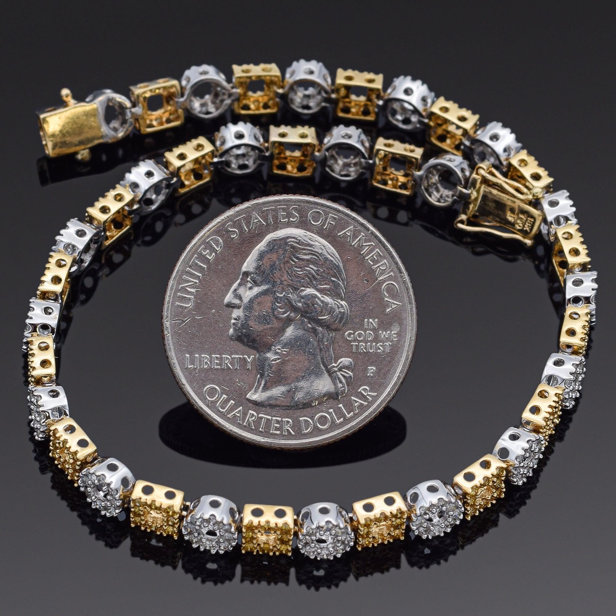 18K Multi-Tone Gold 13.20TCW Yellow & White Diamond Round Square Tennis Bracelet In Good Condition In New York, NY