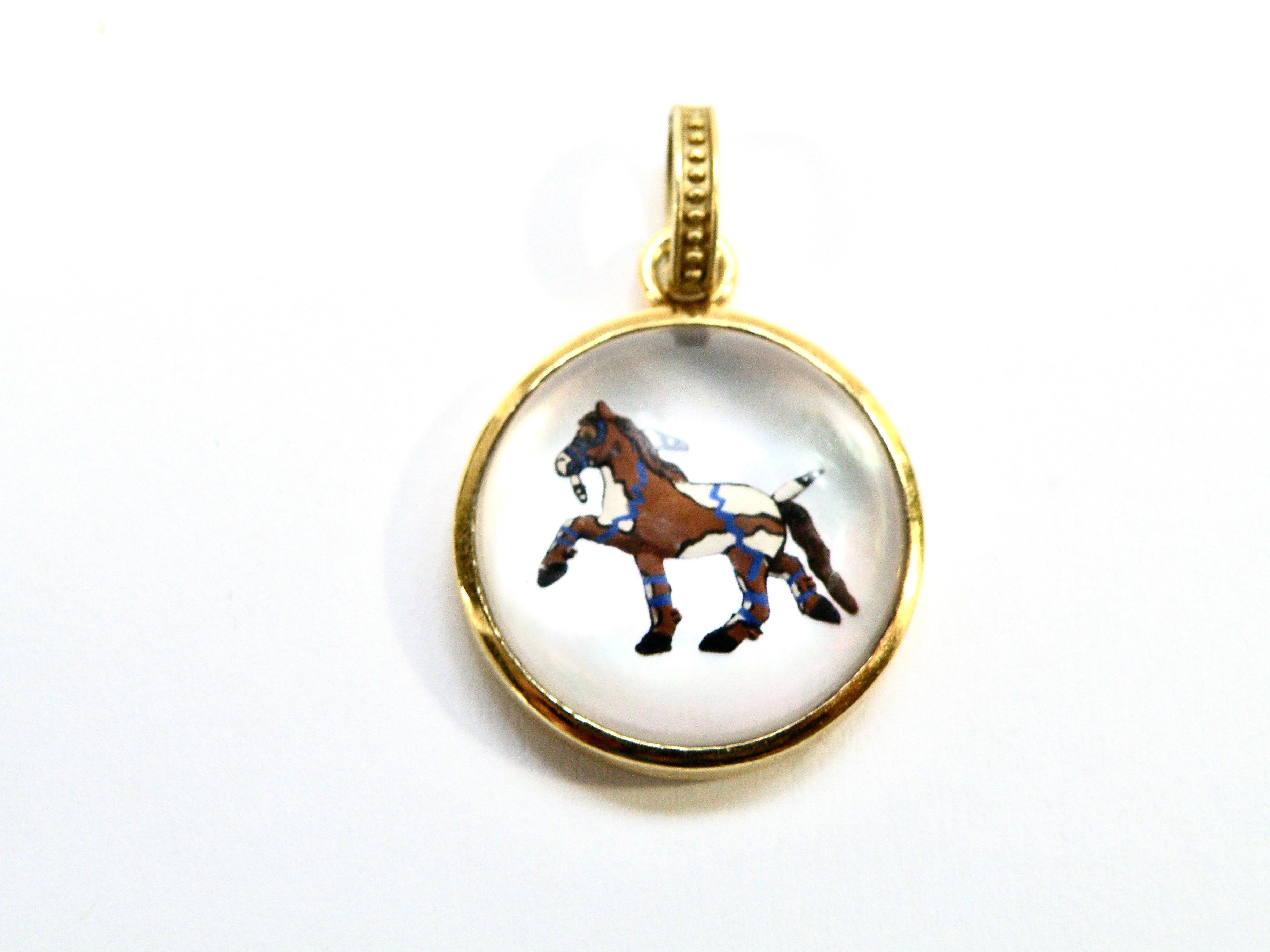 18K hand painted native american war horse with blue painted on reverse crystal backed with mother of pearl