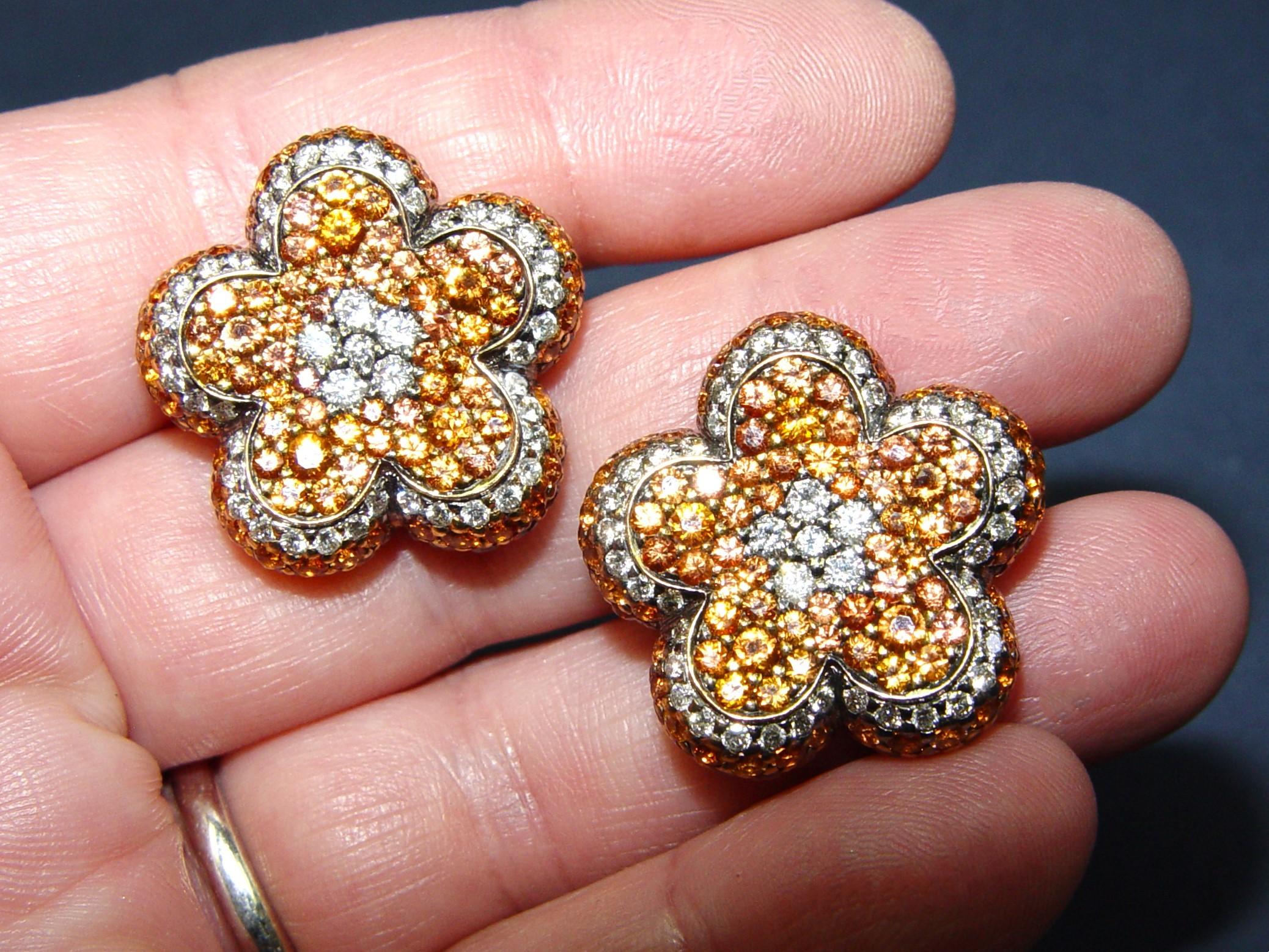 18K Natural Diamond & sapphire flower earrings 25x25MM For Sale 9