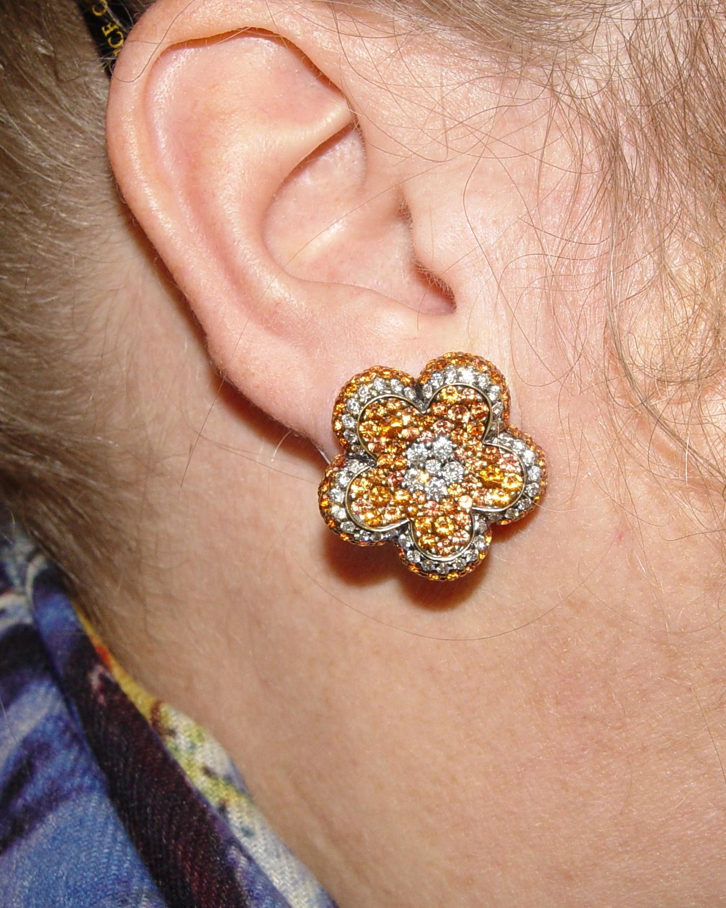 18K Natural Diamond & sapphire flower earrings 25x25MM For Sale 10