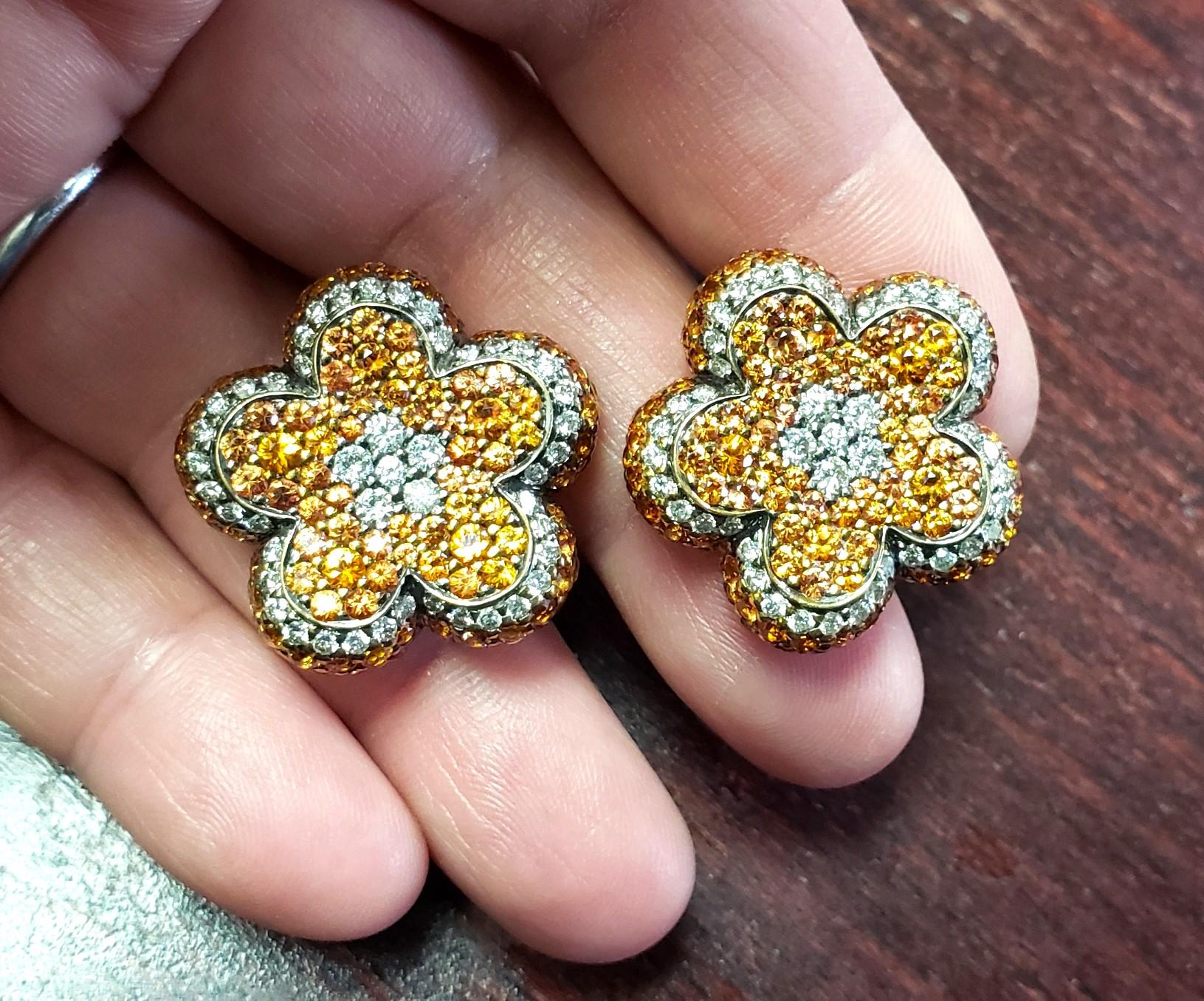 Modern 18K Natural Diamond & sapphire flower earrings 25x25MM For Sale