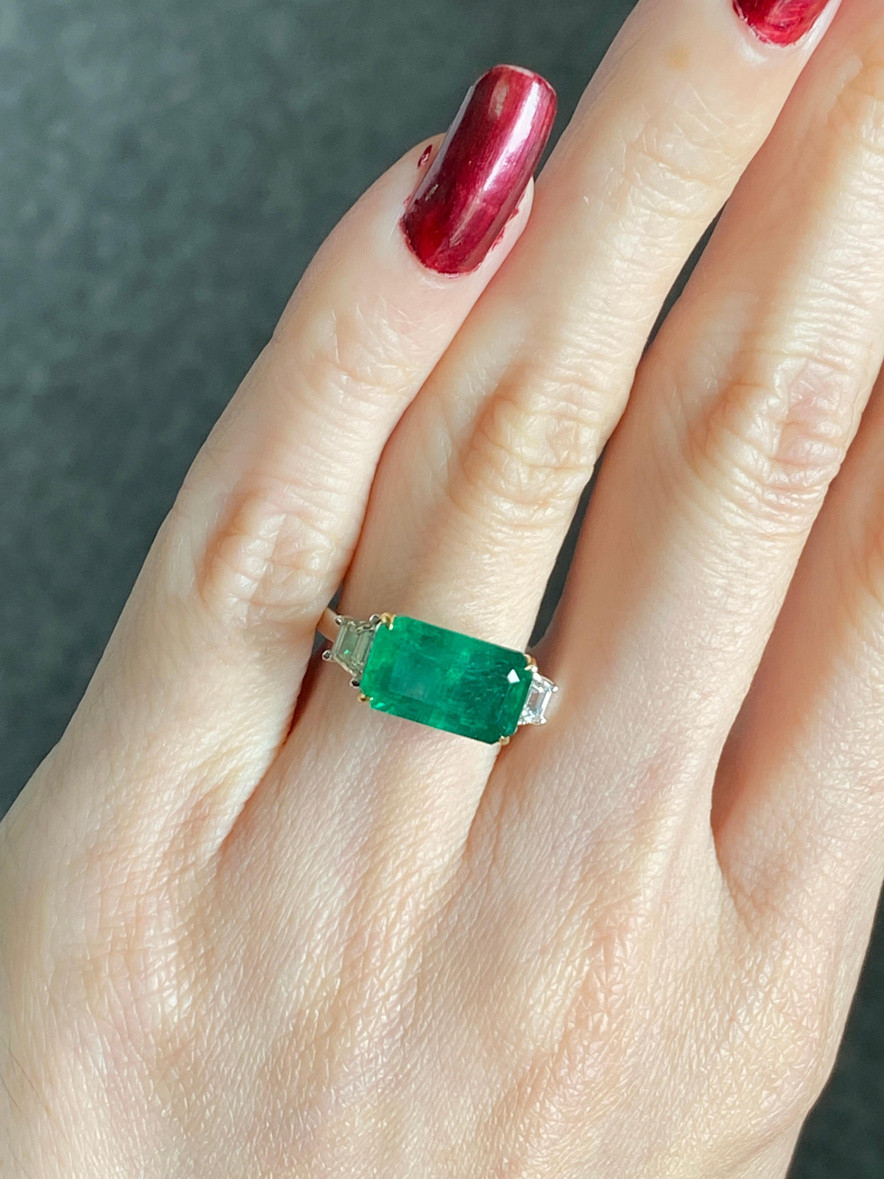 Octagon Cut 18k Natural Emerald Diamond Three Stone Ring, Perfect as Engagement Ring For Sale