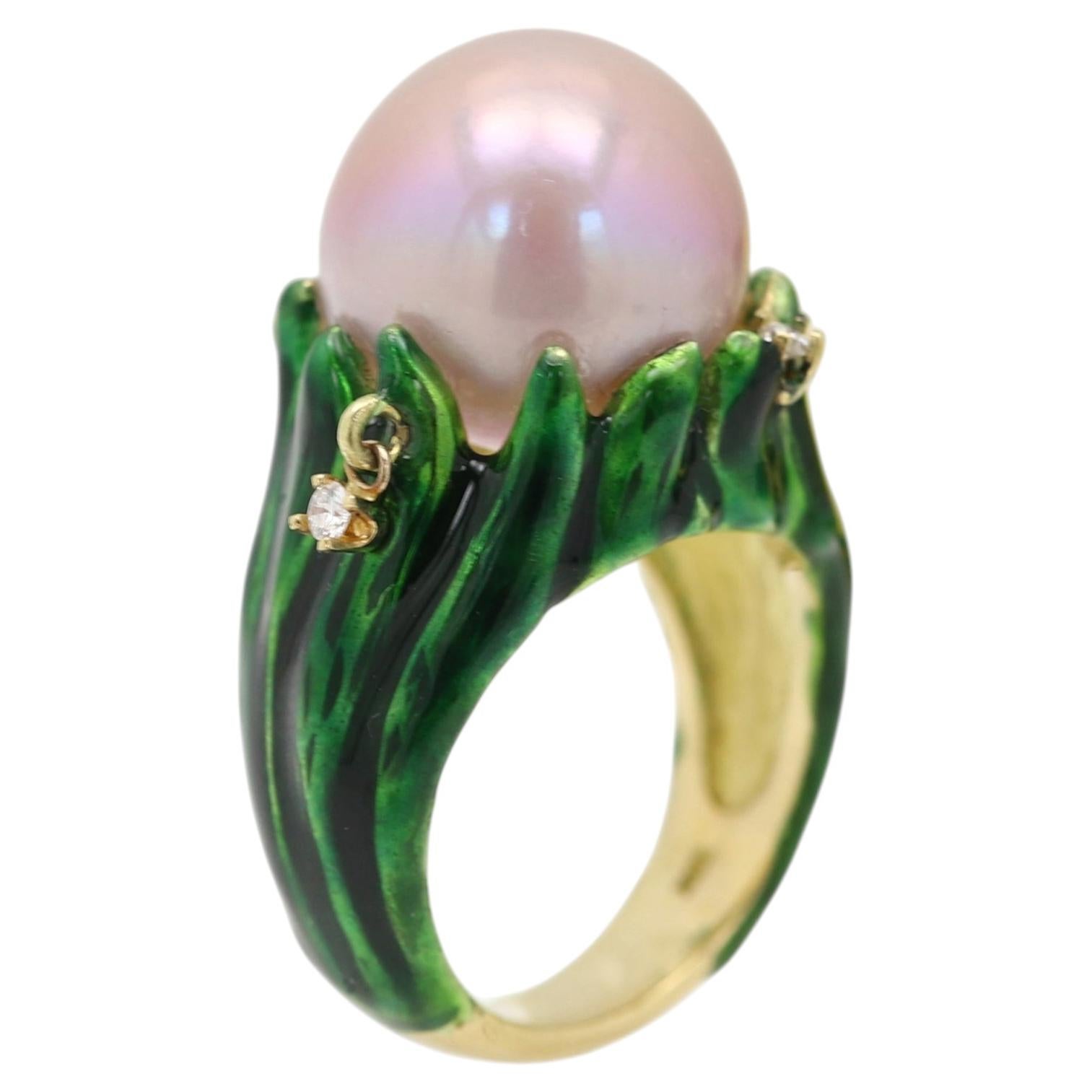 Anillo de Perla Rosa Grande Natural de 18k Oro macizo Diamantes y esmalte verde