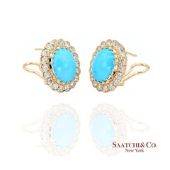 18K Natural Persian Turquoise Diamond Earrings Women Omega Back Style