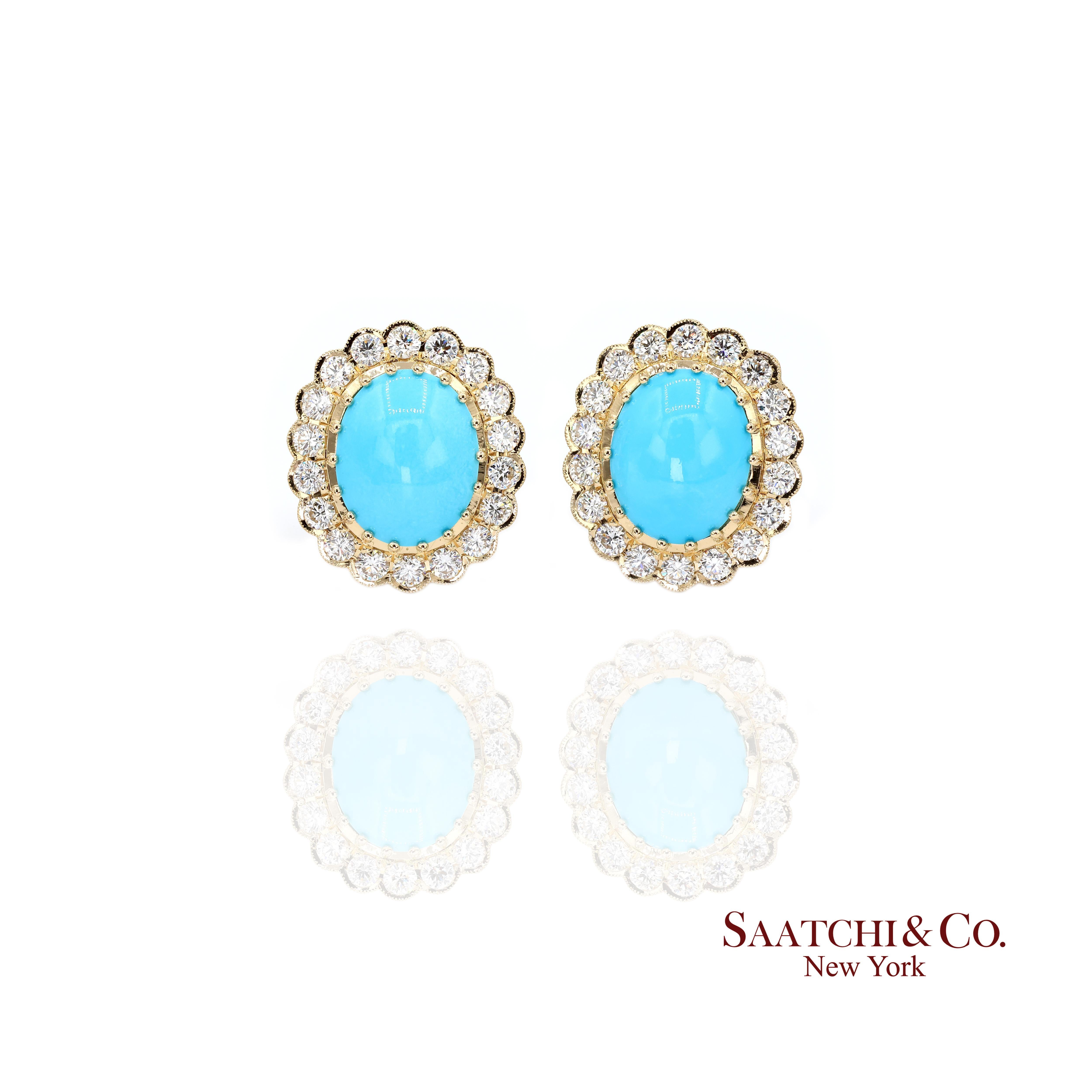 Contemporain 18K Boucles d'oreilles Femme Turquoise Perse Naturelle Diamant Style Omega Back en vente
