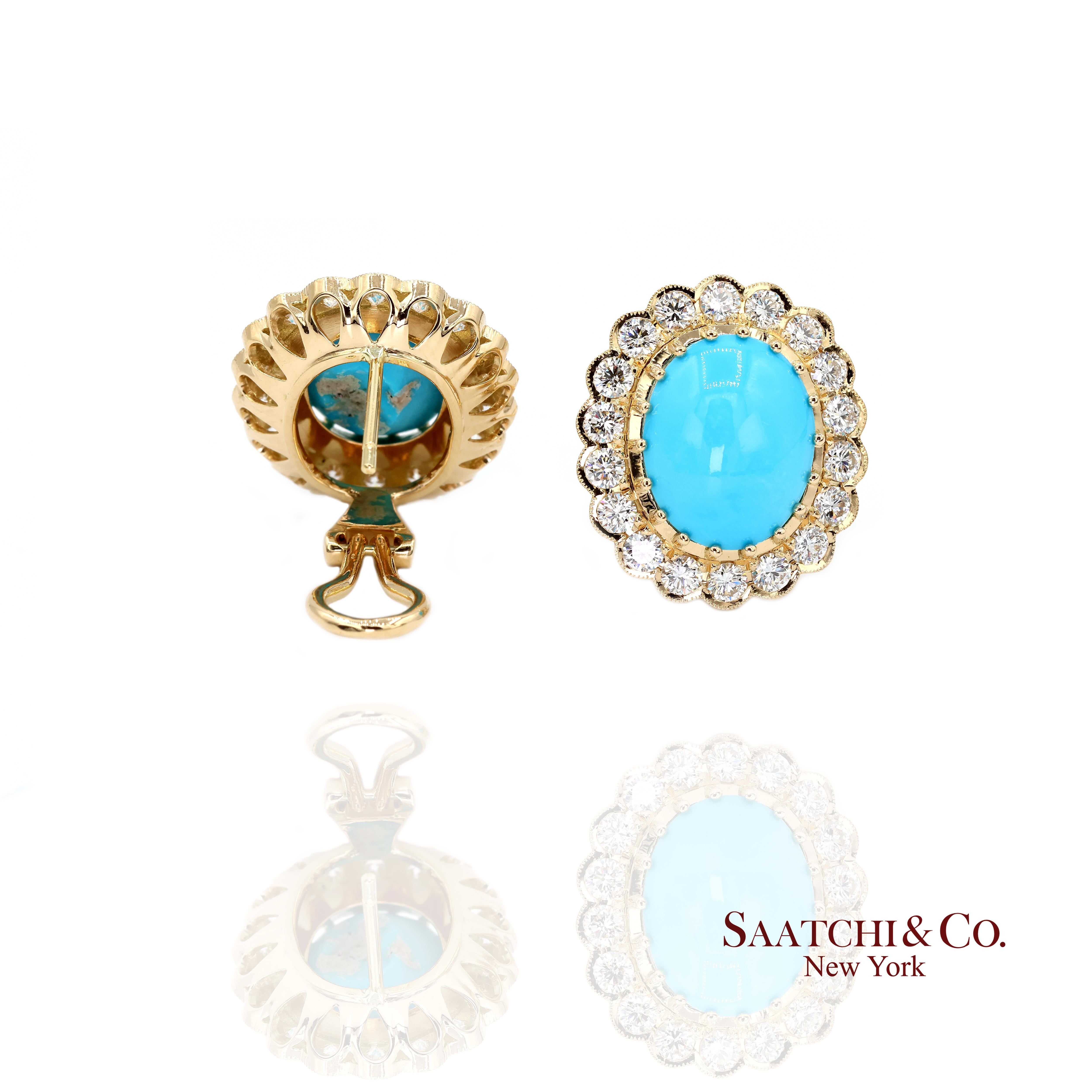 Taille cabochon 18K Boucles d'oreilles Femme Turquoise Perse Naturelle Diamant Style Omega Back en vente