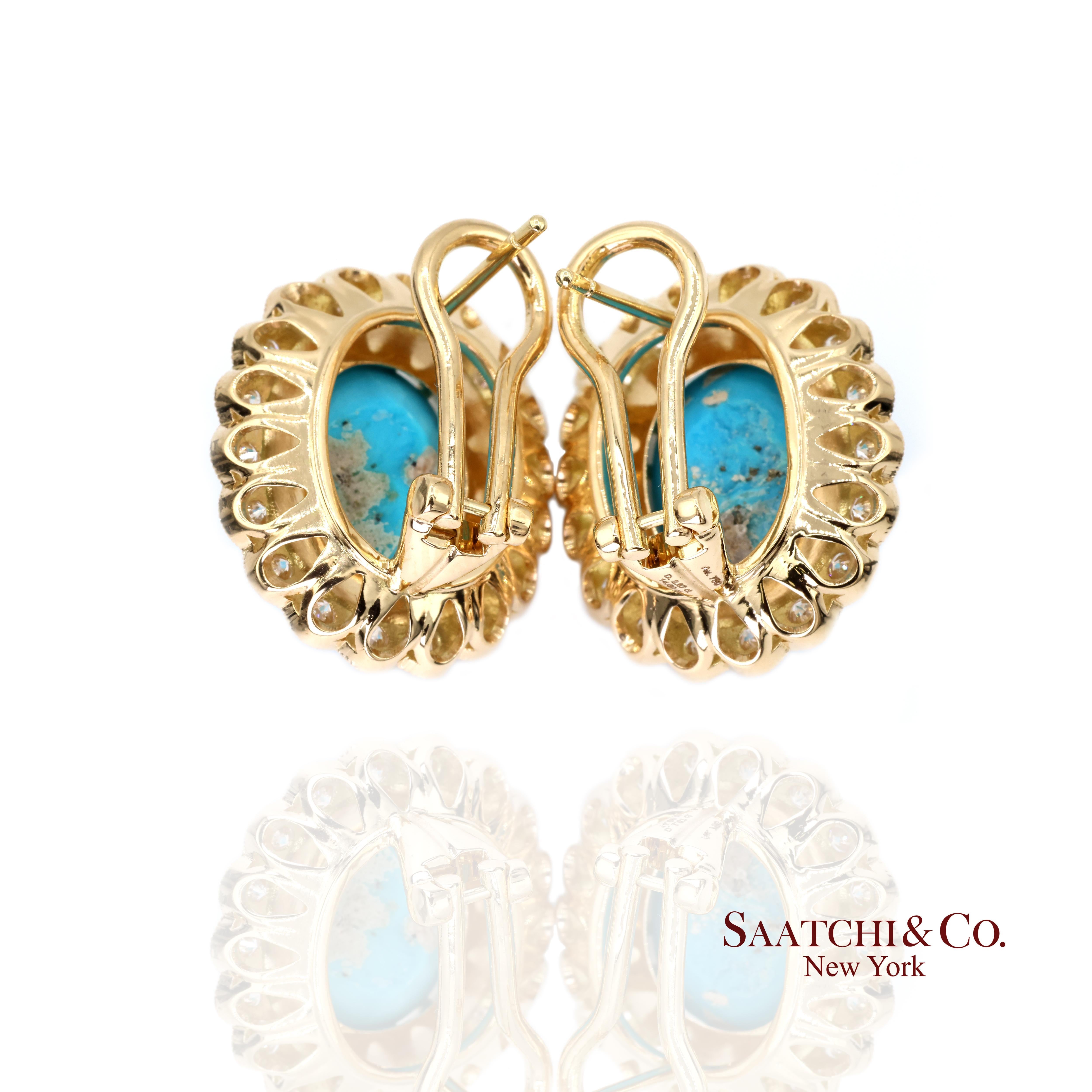 18K Boucles d'oreilles Femme Turquoise Perse Naturelle Diamant Style Omega Back Neuf - En vente à New York, NY