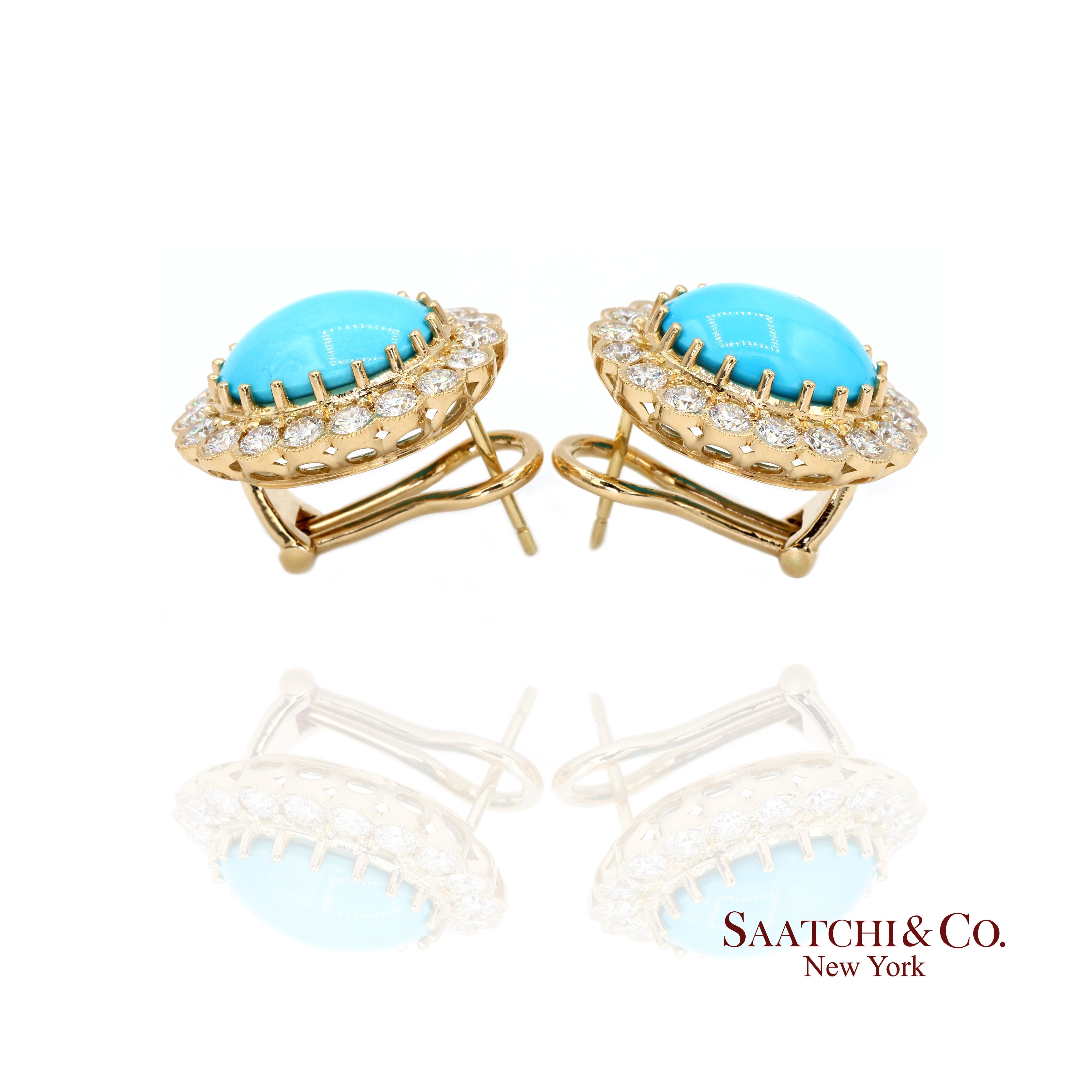 18K Boucles d'oreilles Femme Turquoise Perse Naturelle Diamant Style Omega Back Pour femmes en vente