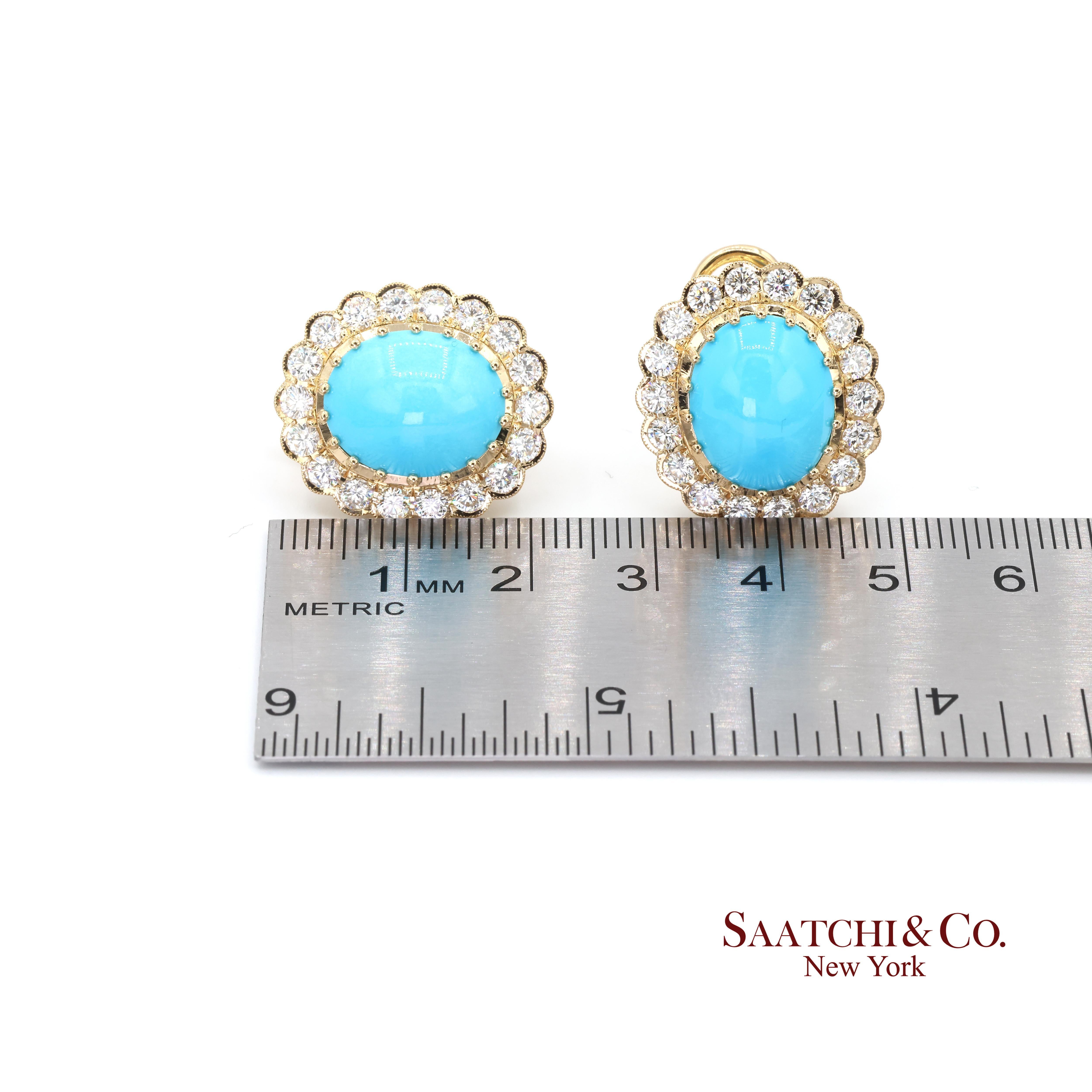 18K Boucles d'oreilles Femme Turquoise Perse Naturelle Diamant Style Omega Back en vente 1