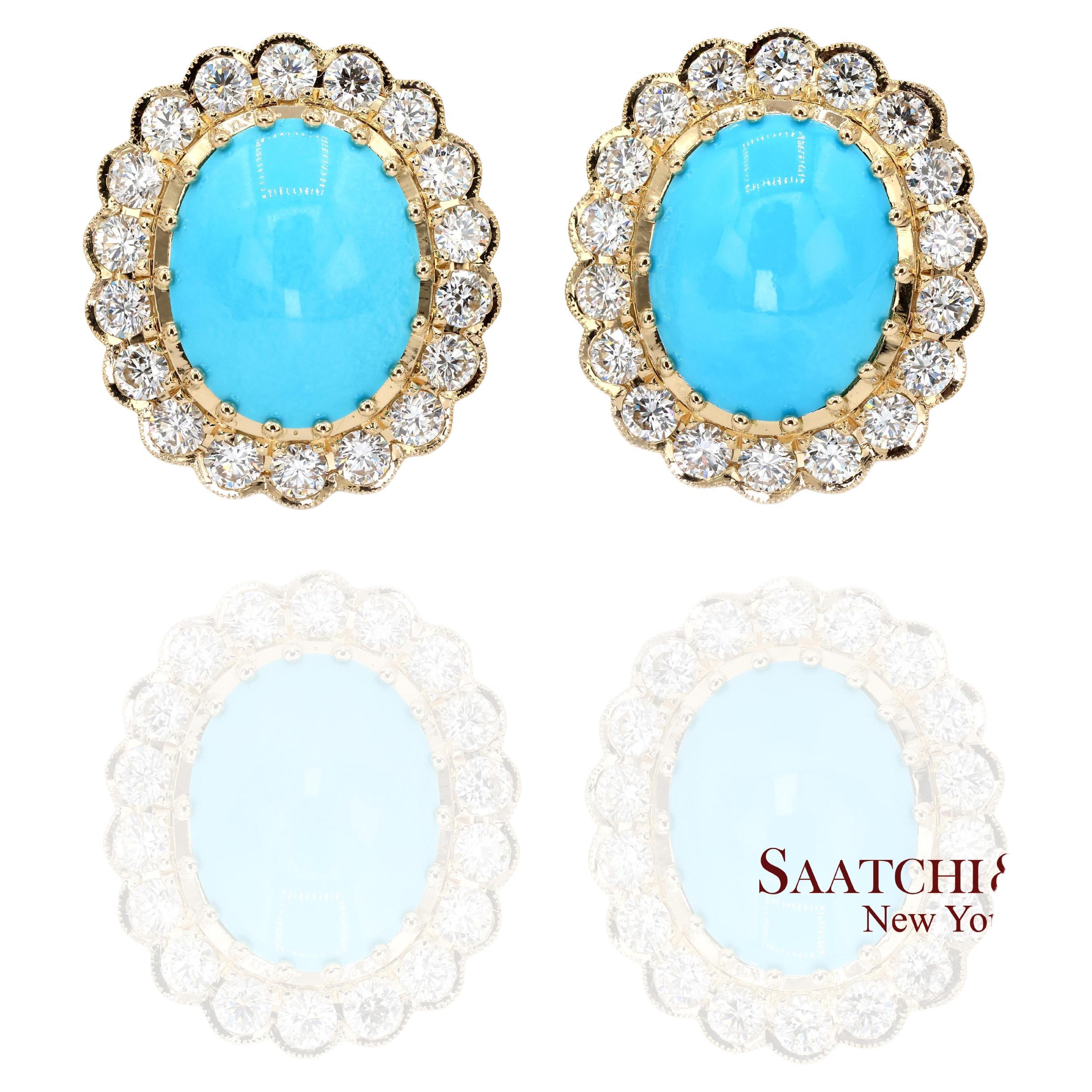 18K Boucles d'oreilles Femme Turquoise Perse Naturelle Diamant Style Omega Back en vente