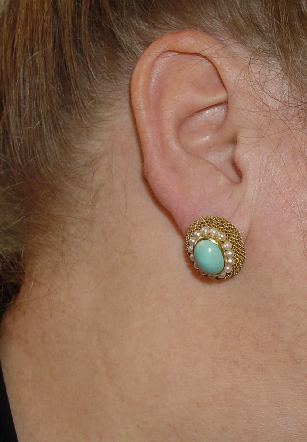18K Natural Turquoise MESH Pearl earring/ring set s-6 For Sale 5