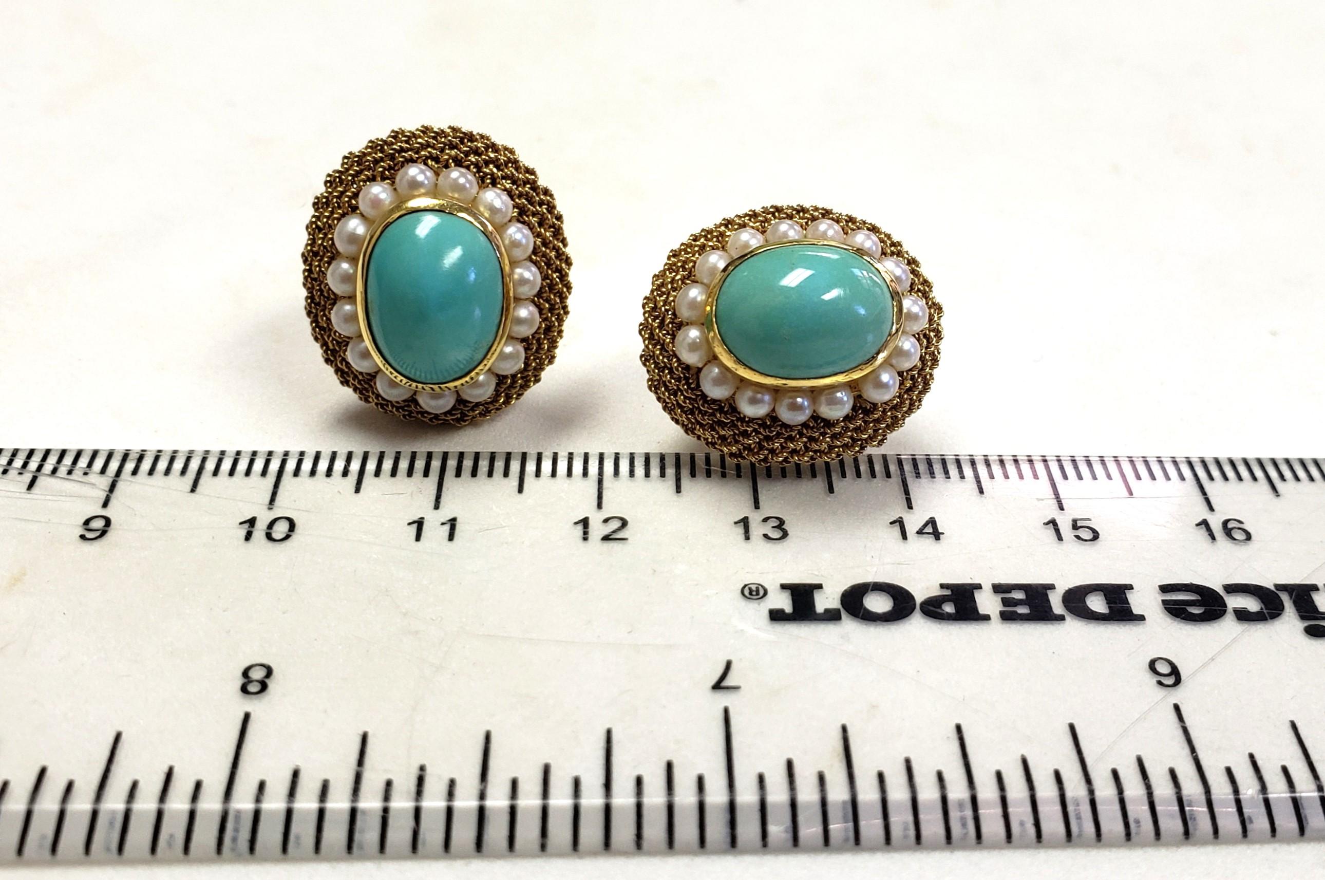 18K Natural Turquoise MESH Pearl earring/ring set s-6 For Sale 7