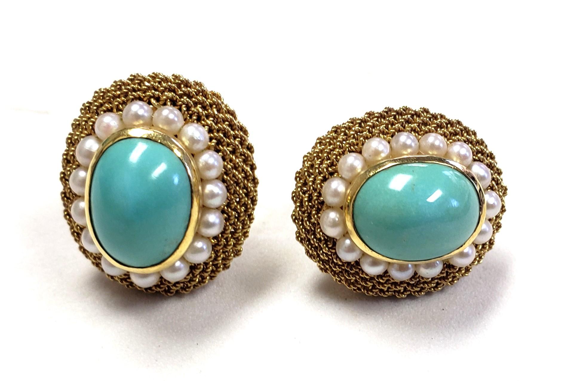 18K Natural Turquoise MESH Pearl earring/ring set s-6 For Sale 9