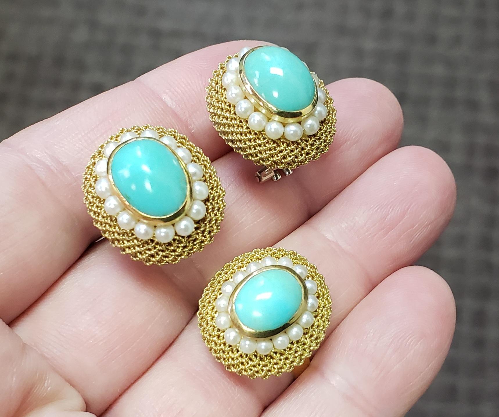 Retro 18K Natural Turquoise MESH Pearl earring/ring set s-6 For Sale