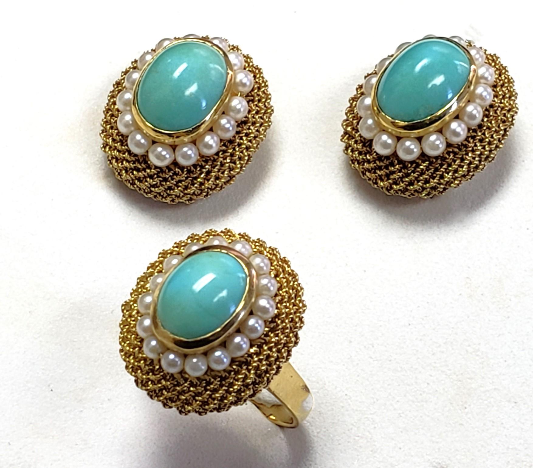 Oval Cut 18K Natural Turquoise MESH Pearl earring/ring set s-6 For Sale