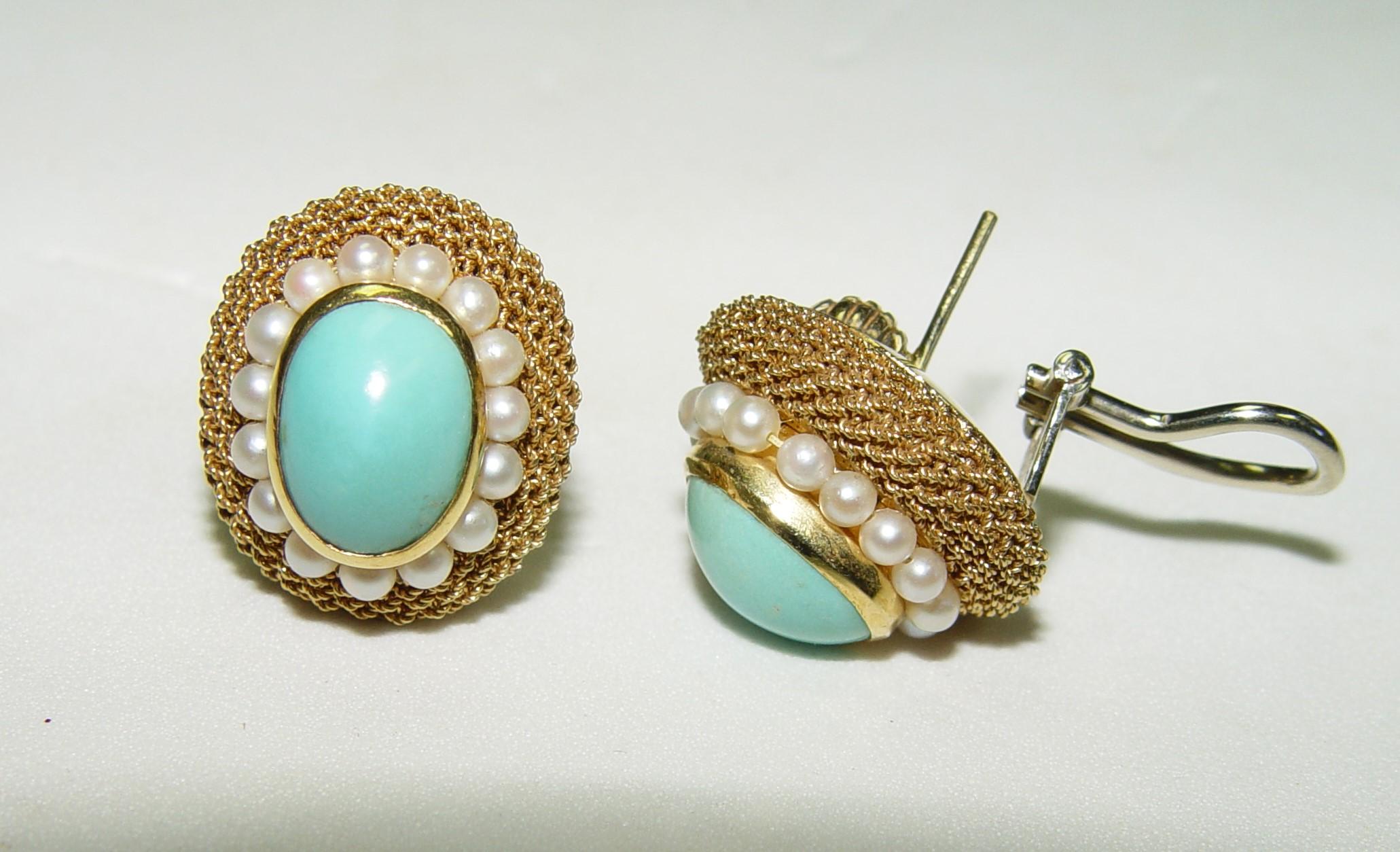18K Natural Turquoise MESH Pearl earring/ring set s-6 In Excellent Condition For Sale In Chicago, IL