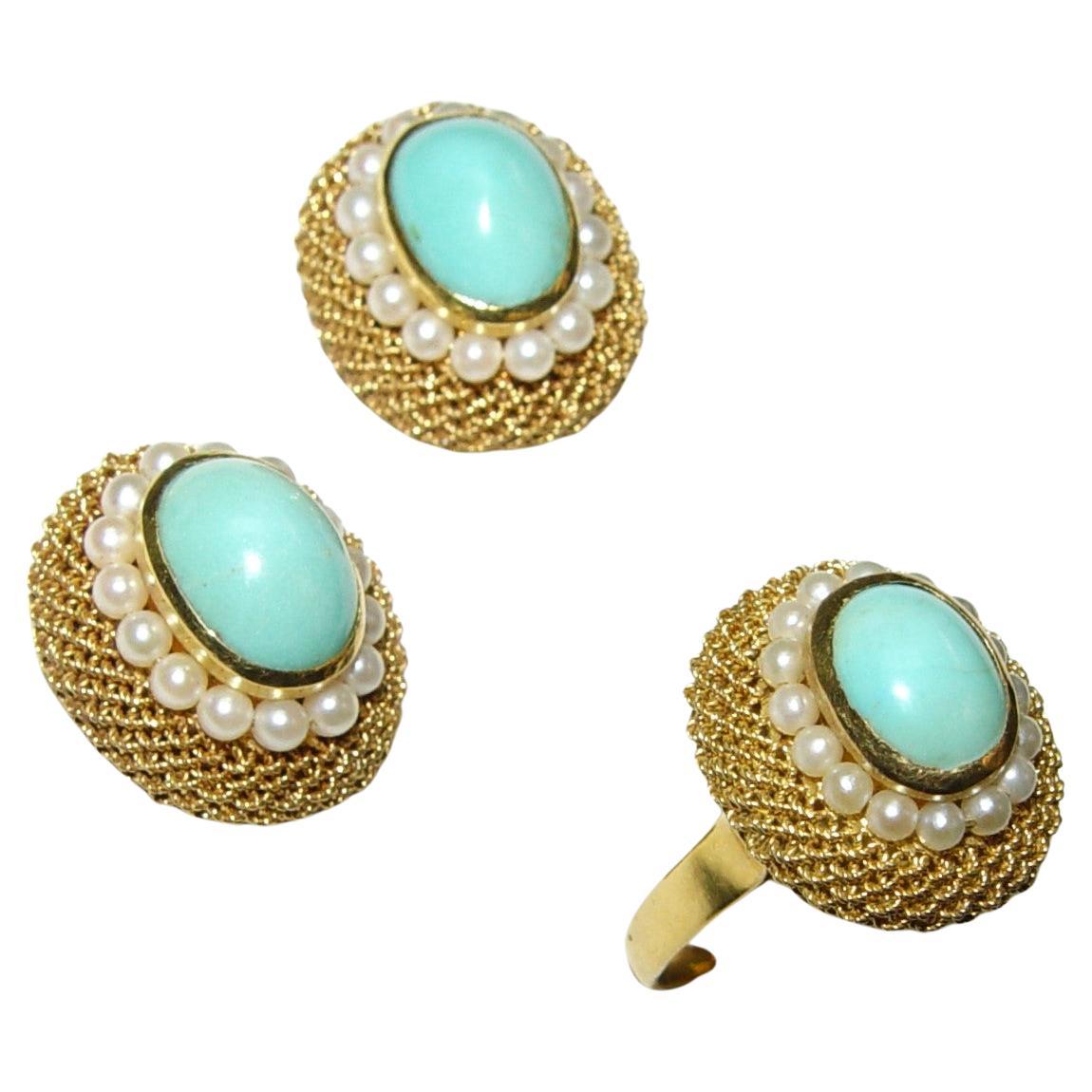 18K Natural Turquoise MESH Pearl earring/ring set s-6 For Sale