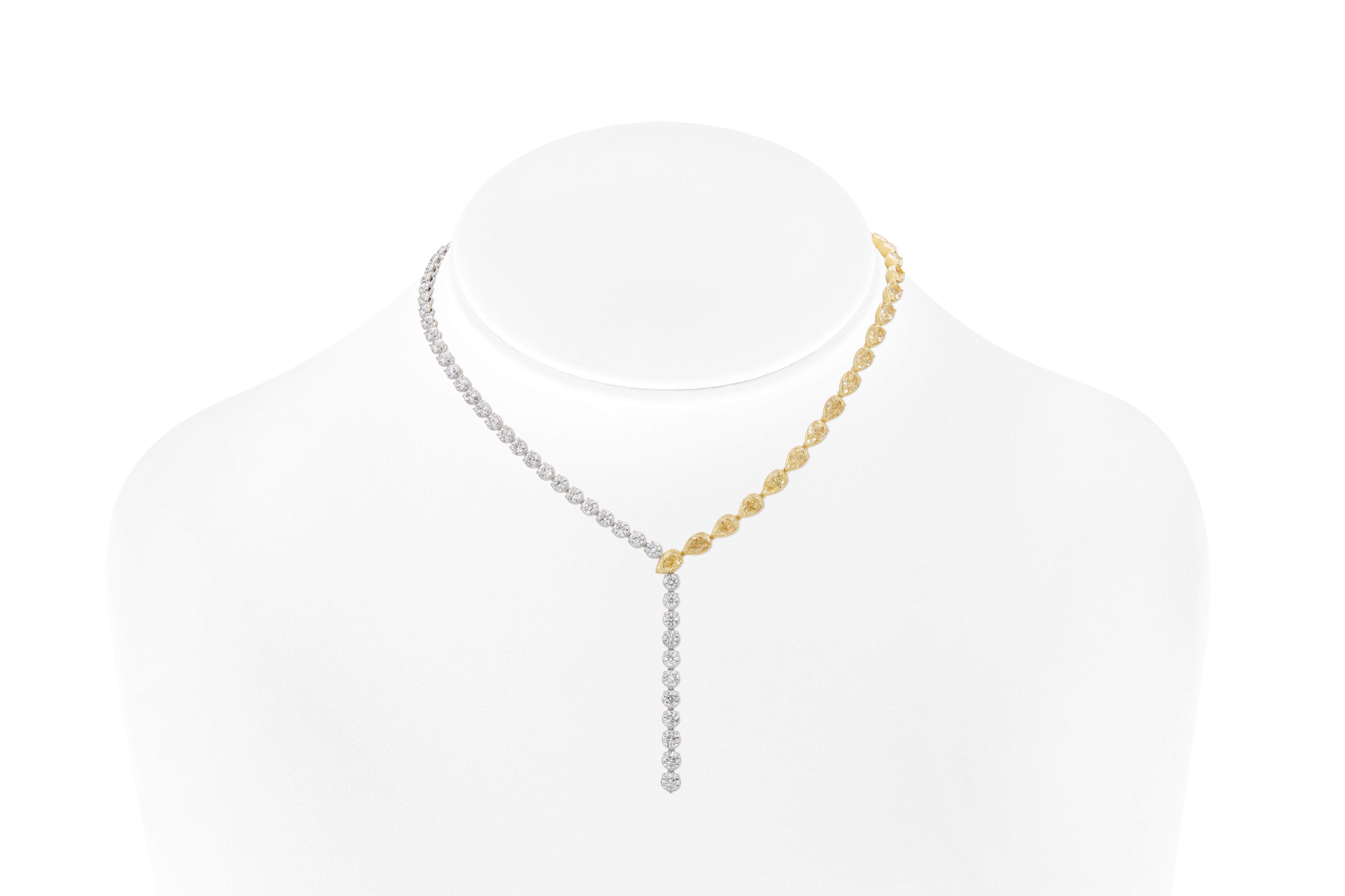 Handmade 18K White & Yellow Necklace with 50 Round Brilliant Cut Diamonds E-F-G color VS1-SI2 clarity weighting 16.09 carat and 24 Pear Shape Natural Yellow Diamonds VVS2-VS1 clarity weighting 22.55 carats.