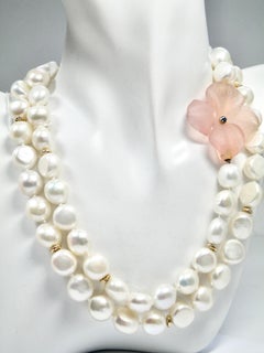 18k necklace white organic pearls w Rose quartz carved flower, 34"