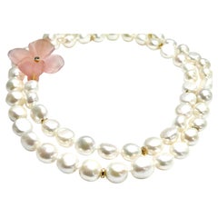 18k necklace white organic pearls w Rose quartz carved flower, 34"