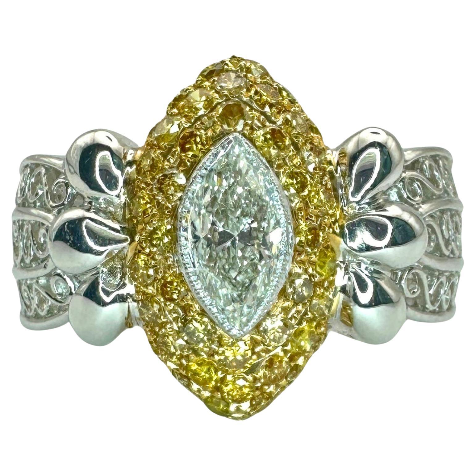 18k North-South Marquise Cut White Diamond and Yellow Diamond Ring For Sale