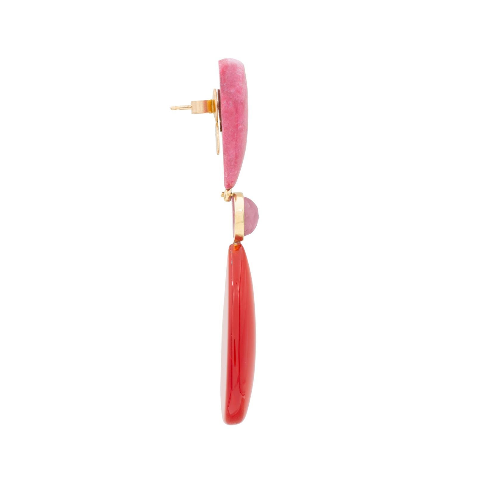 Norwegian Thulite sit atop satin finished Pink Tourmaline, bezel set in polished 18 carat recycled gold, followed by Indian Cornelian. With opposing shapes these earrings create a harmony of geometric play and balance. Designed by Cresta Bledsoe all