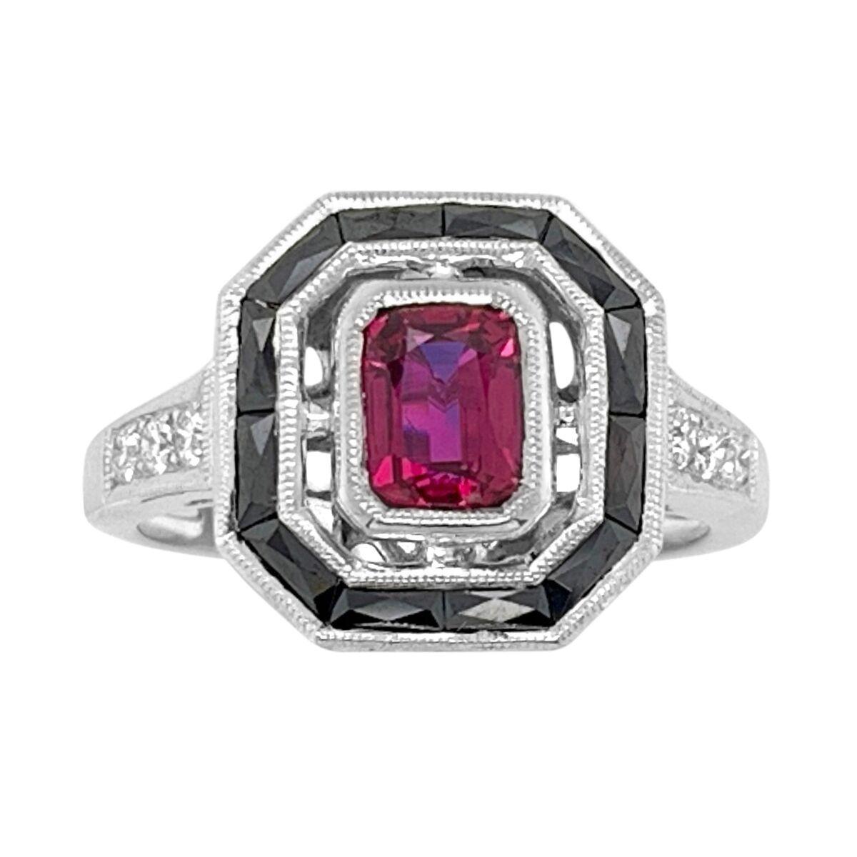 Art Deco at its best, using French calibre cut Precious Gemstones.

New World Technology meets Old World Styles!

Material: 18k White Gold
Hallmark: 18K JH
Ring Size: 6.5
Metal Finish: High Polish
Gemstone: Ruby, Onyx and Diamond
Ruby Weight: 0.90