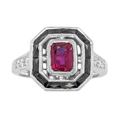 18K White Gold 1.25ct Onyx, Ruby and Diamond Ring