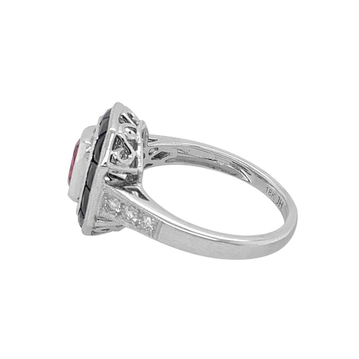 Modern 18K White Gold 1.25ct Onyx, Ruby and Diamond Ring For Sale