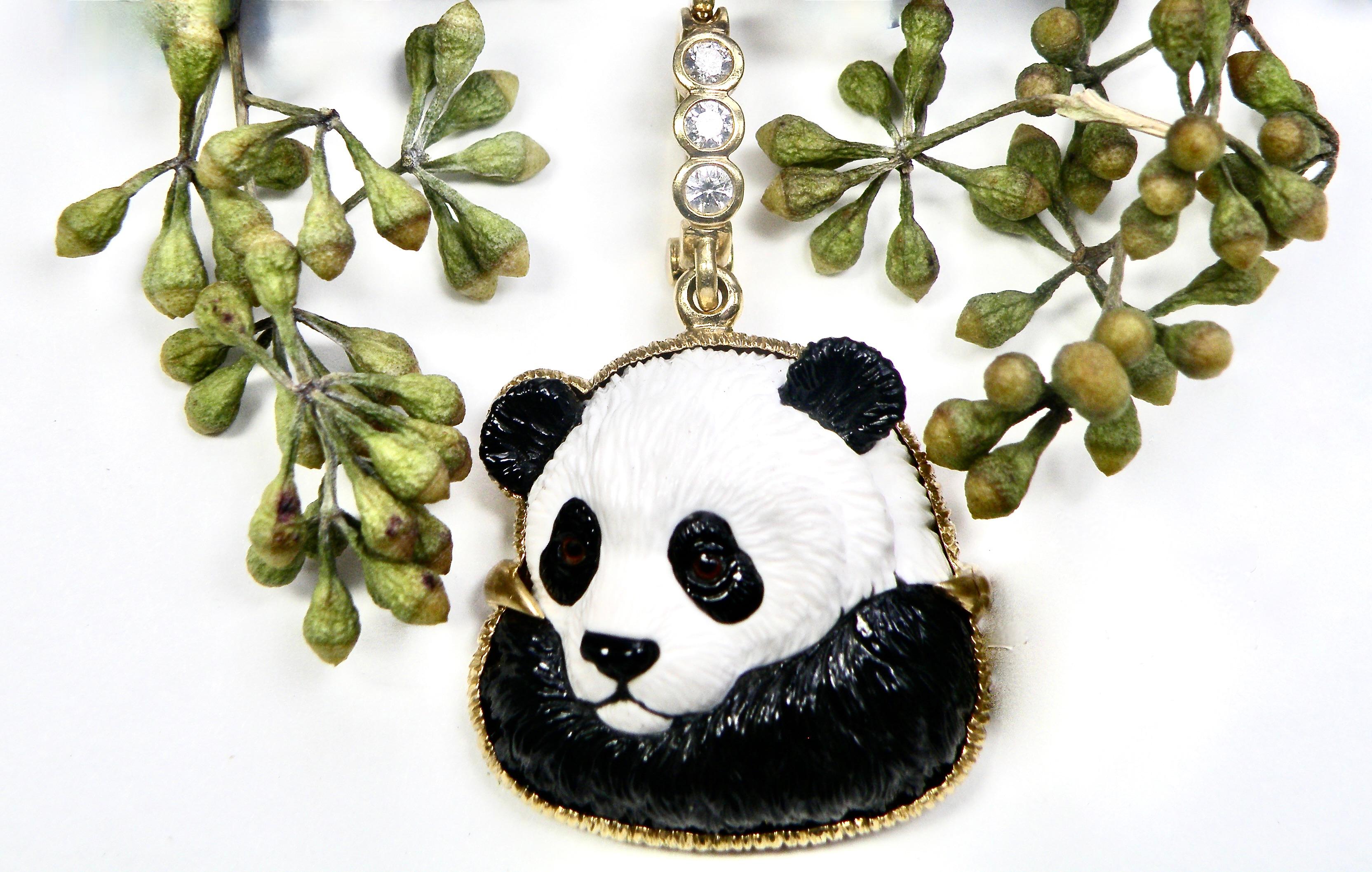Cabochon 18K Onyx and Cocolong Panda Pendant with Sapphire Bail For Sale