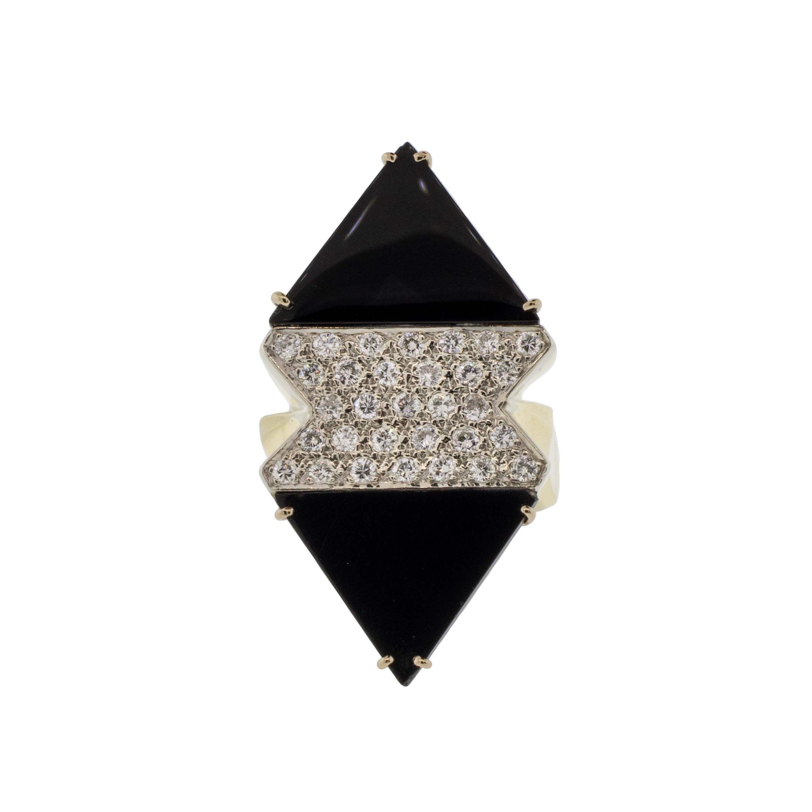 Indulge in luxury with our onyx and diamond cocktail ring! This opulent piece features a stunning .86ctw of sparkling diamonds set against bold black onyx, all in 18k yellow gold. With G-I color and VS1-SI1 clarity diamonds, this ring is sure to