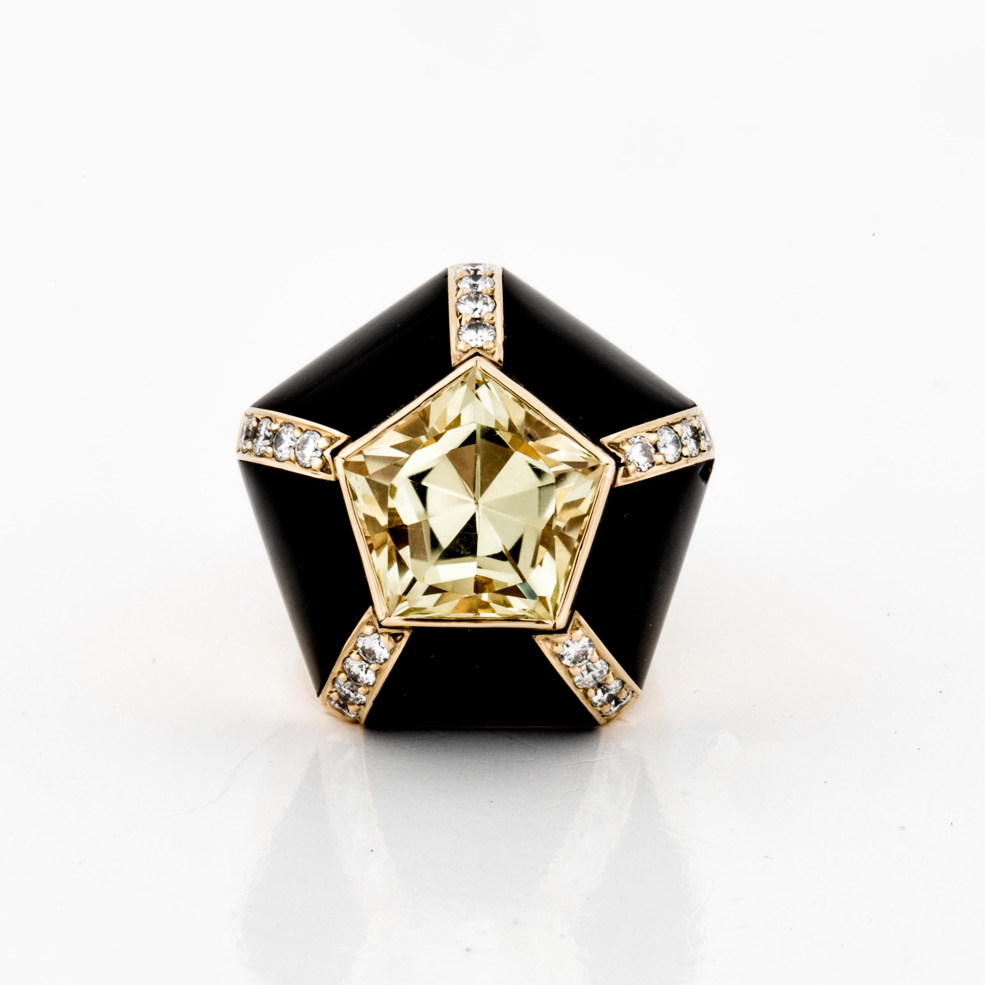 Modernistic 18K yellow gold ring set with a pentagonal citrine surrounded with onyx and diamonds.  There are20 round diamonds totaling 0.60 carats; F-G color and VS1-VS2 clarity.  Ring is a size 5 1/2.  Measures 7/8 inches across and stands 3/8