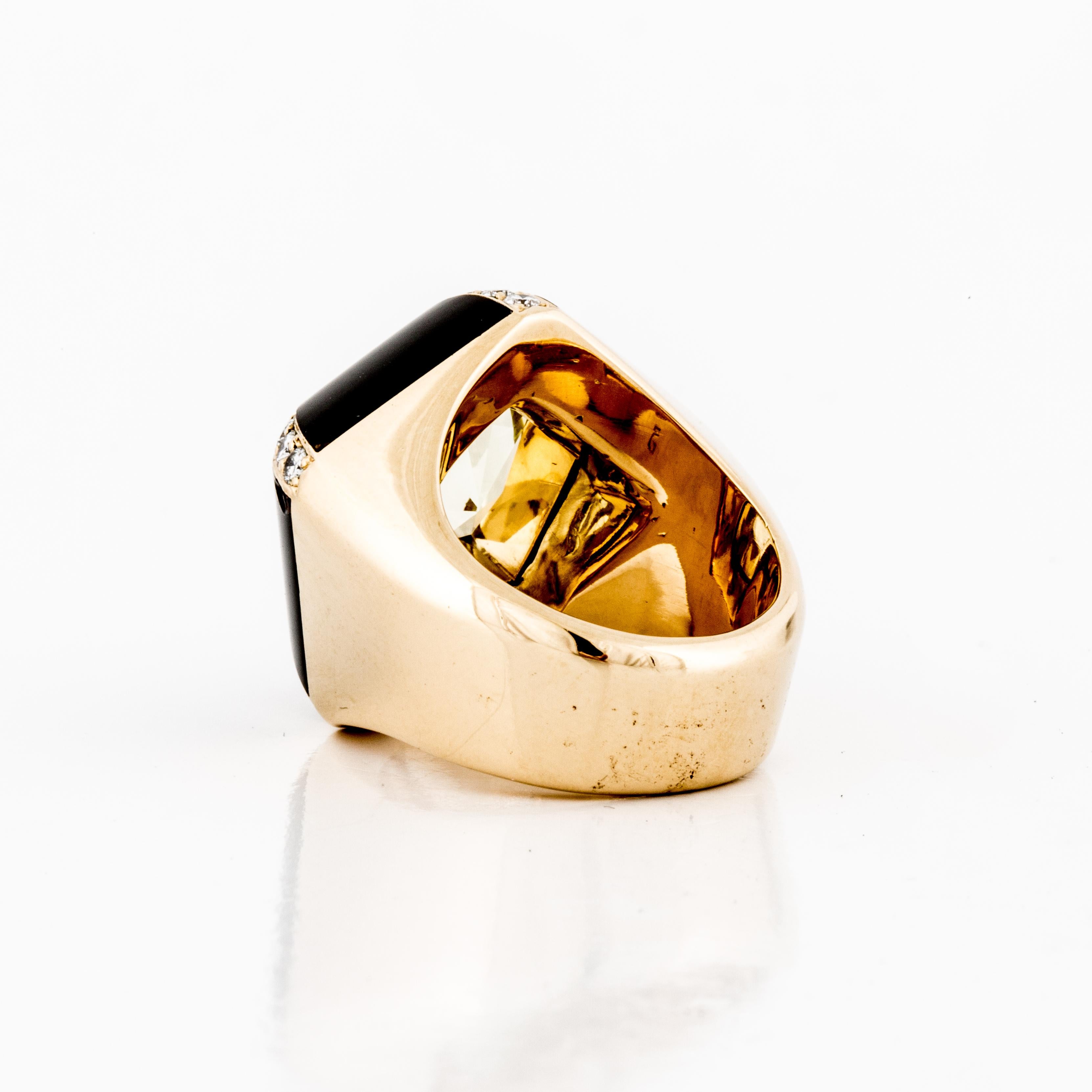 Mixed Cut  18K Gold Onyx and Citrine Pentagonal Ring For Sale