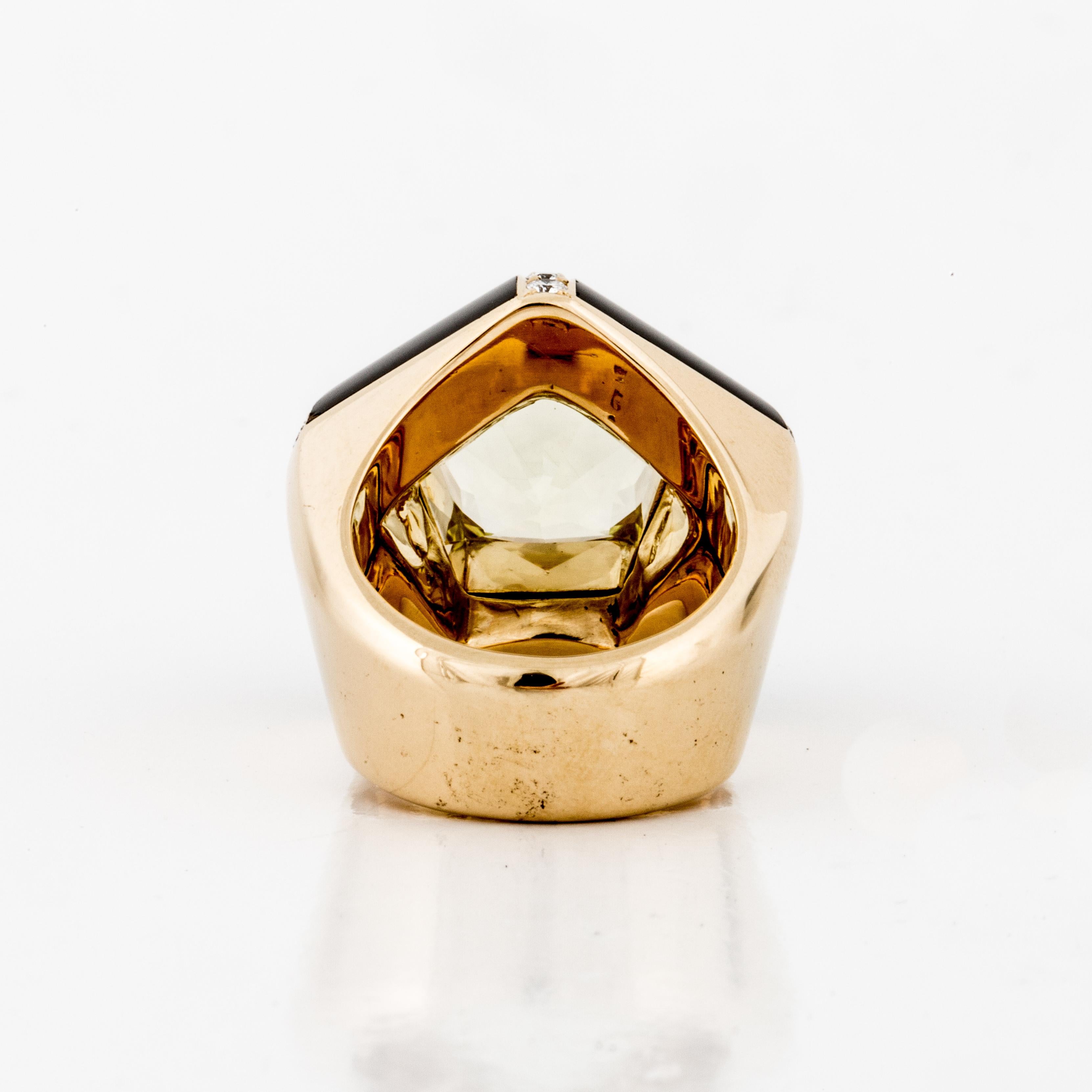  Pentagon-Ring aus 18 Karat Gold mit Onyx und Citrin Damen im Angebot