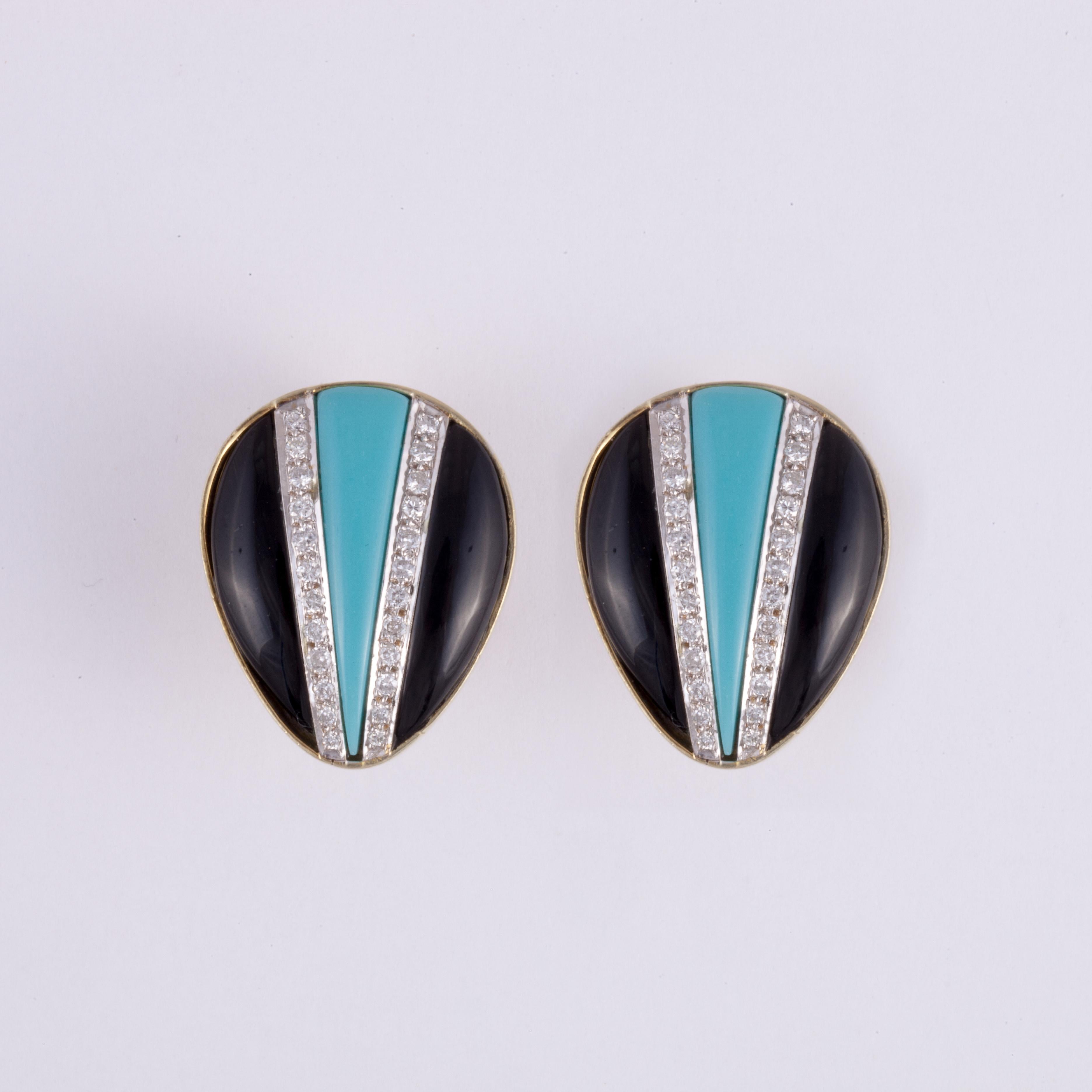 Mixed Cut  18K Two-Tone Onyx Turquoise and Diamond Earrings