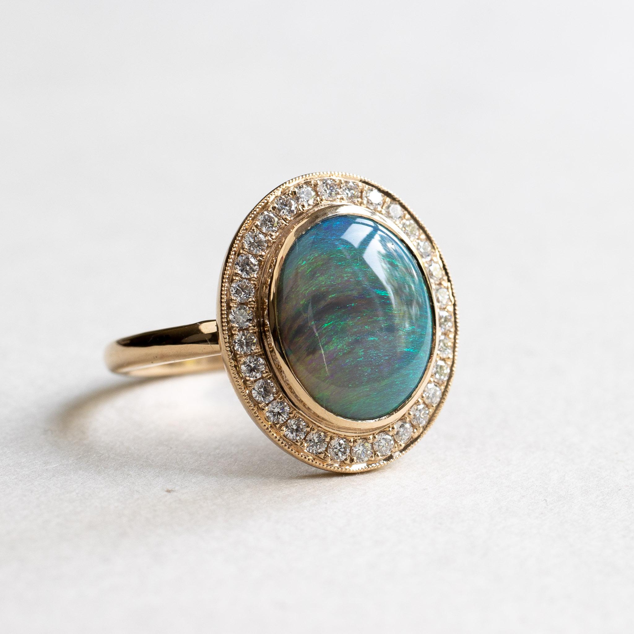 18K Opal Diamond Halo Ring In New Condition For Sale In Wallingford, CT