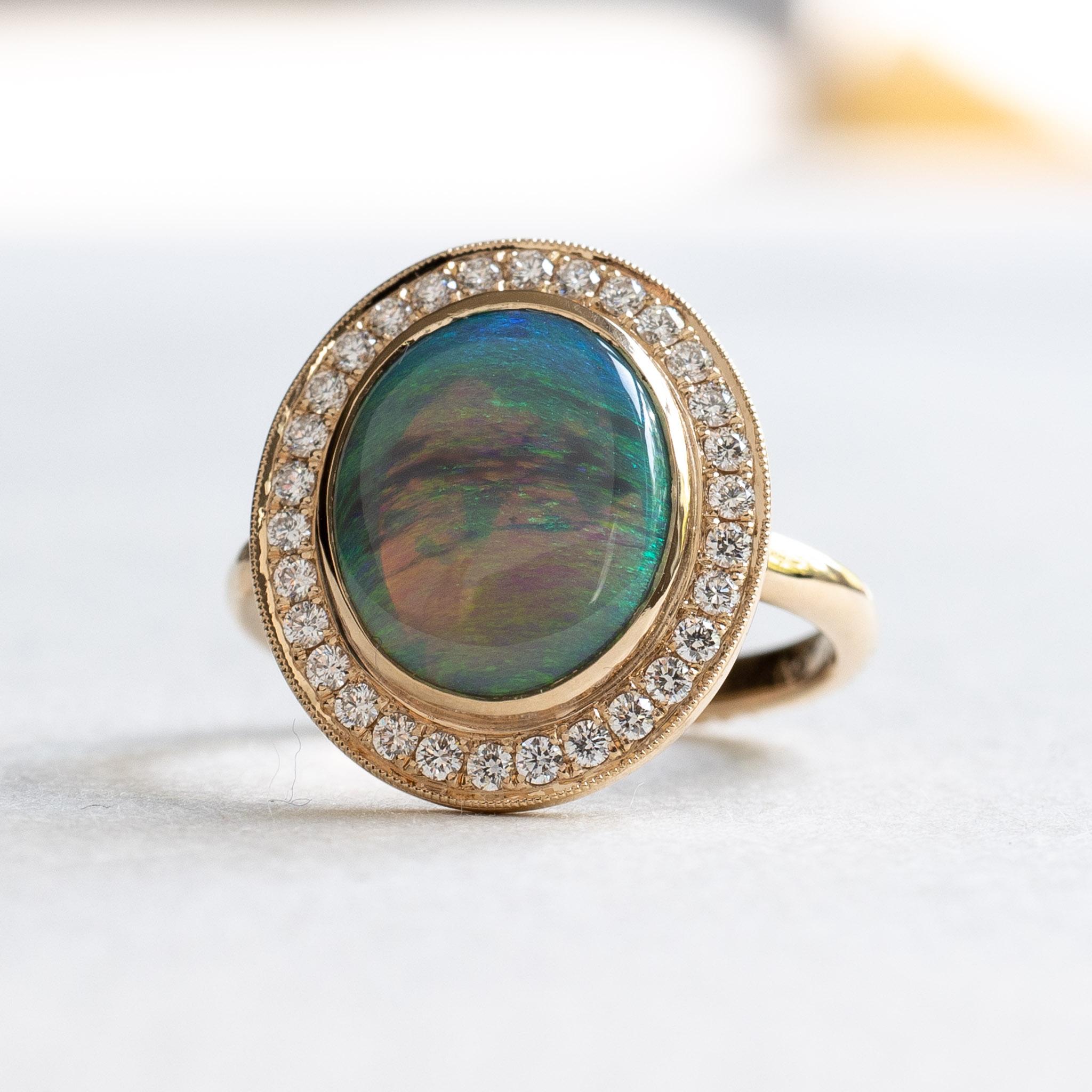 Women's 18K Opal Diamond Halo Ring For Sale