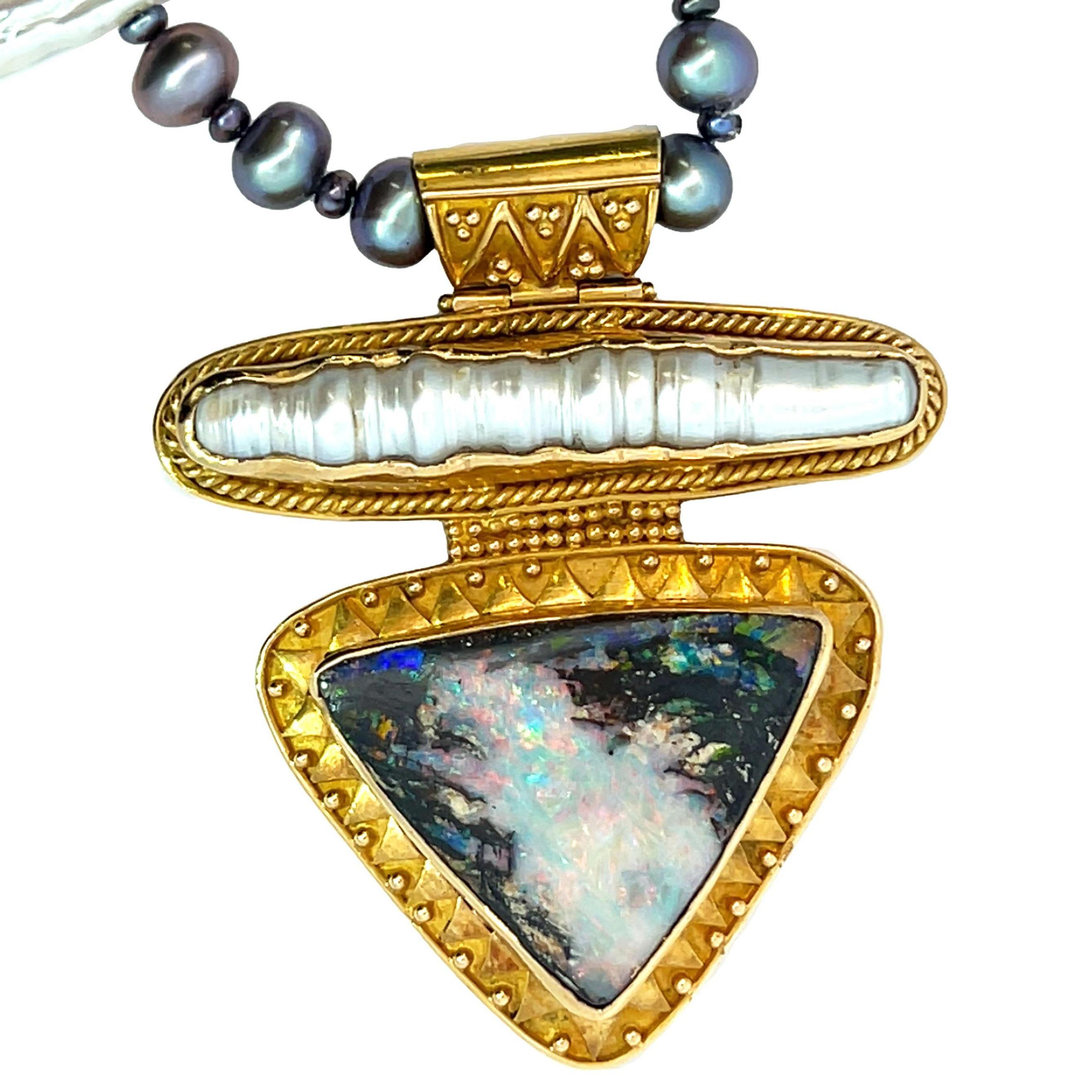 Modern 18K Opalized Wood Pearl Pendant Necklace For Sale