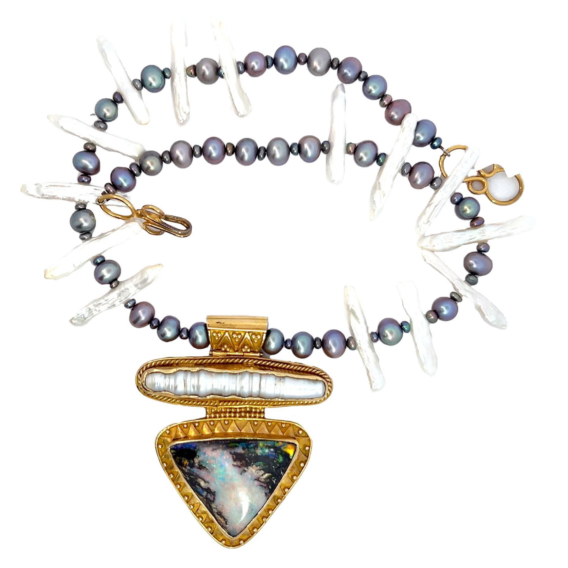 Bead 18K Opalized Wood Pearl Pendant Necklace For Sale