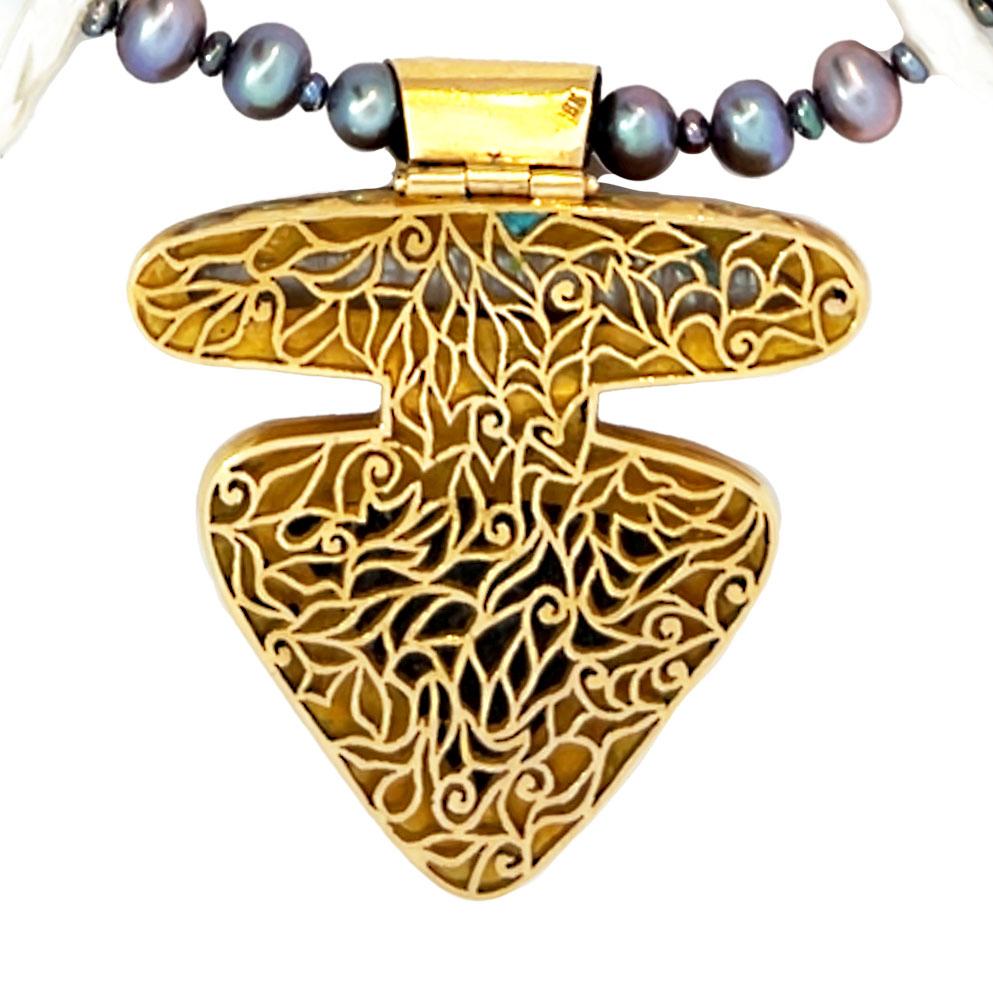 Women's 18K Opalized Wood Pearl Pendant Necklace For Sale